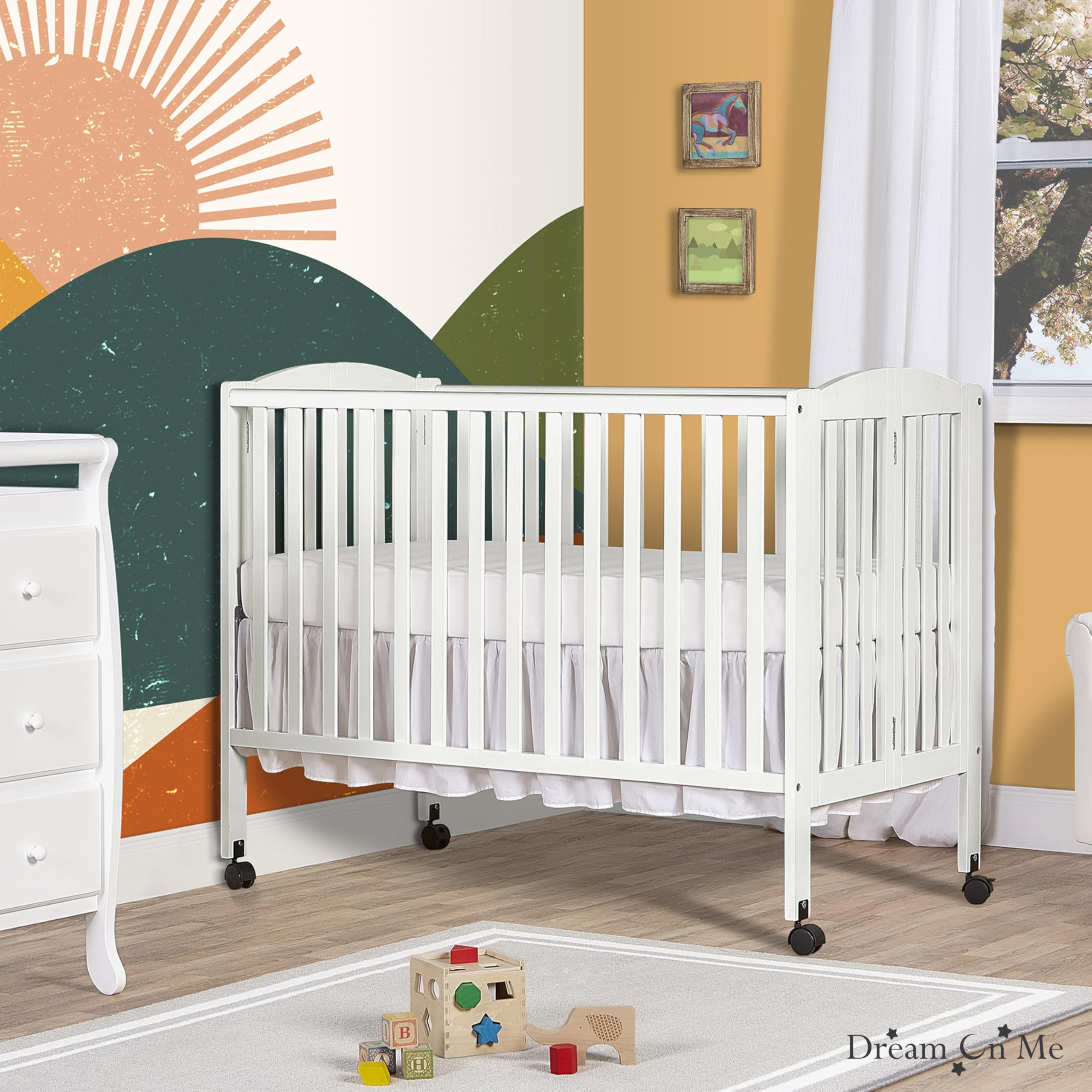 Dream On Me 2-in-1 Convertible Baby Crib - Full Size White Nursery Crib with Locking Wheels, Foldable Design for Space Saving Storage, Includes Teething Guard & Non-Toxic Finish - Perfect for Newborns, Toddlers & Small Bedrooms