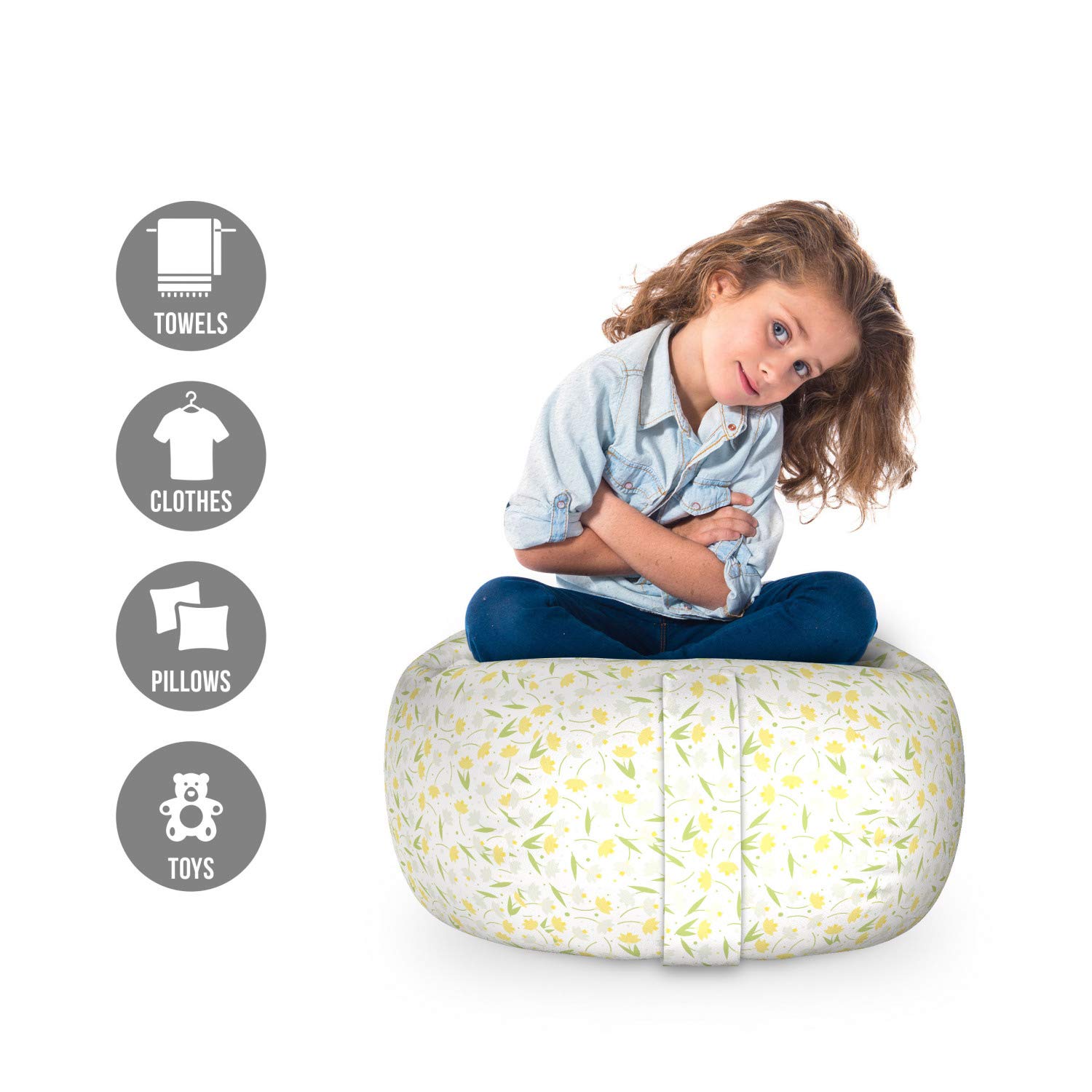 Ambesonne Floral Storage Toy Bag Chair - Pastel Yellow & Pale Green, Washable Stuffed Animal Organizer for Kids' Room, Nursery, Playroom | Small Size, Narcissus & Irregular Dots Design
