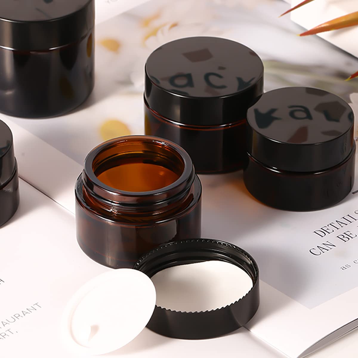6 Pack 20ml Amber Glass Jars with Black Lids - Refillable Cosmetic Containers for Travel, Sample Storage, Creams, Lotions & Powders | Perfect for DIY Beauty, Essential Oils & Skincare Products