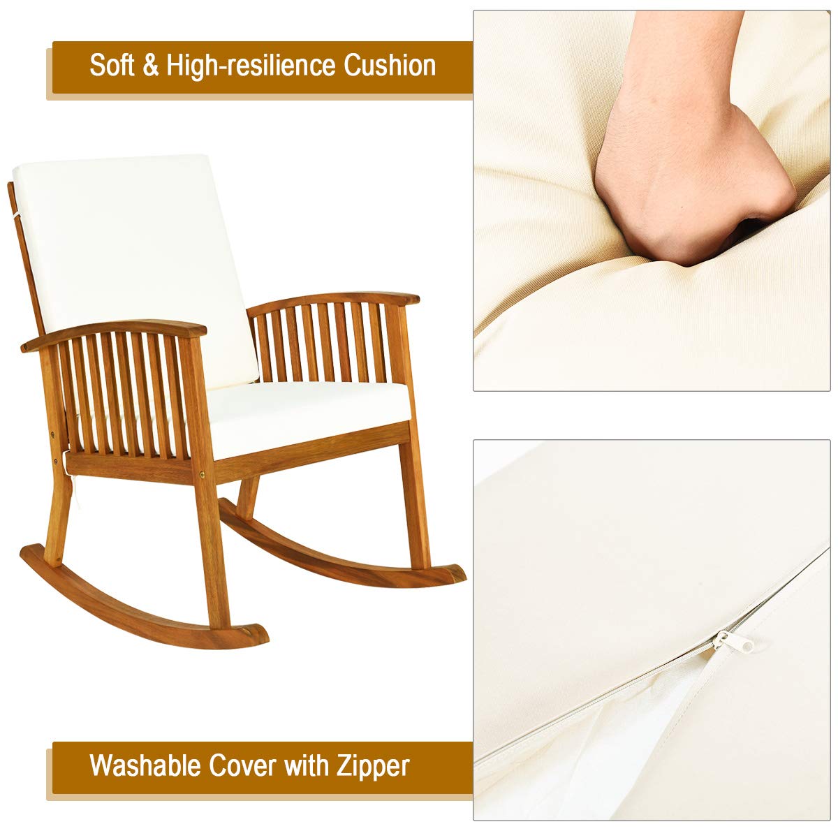 Tangkula 2-Piece Acacia Wood Rocking Chair Set with Removable Washable Cushions - Teak Wood Rocker for Outdoor & Indoor Use - Perfect for Porch, Garden, Patio, Balcony, Poolside Relaxation