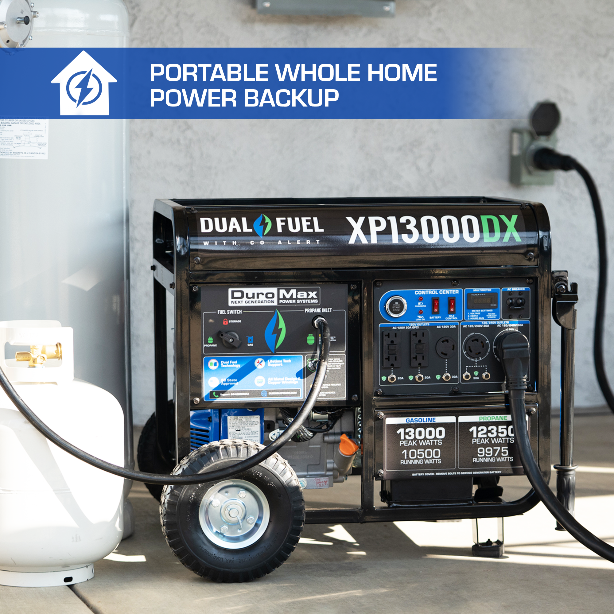 13,000W Dual Fuel Portable Generator with CO Alert - Reliable Backup Power for Home, Camping & Emergency Use