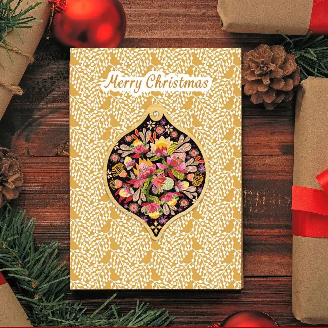 Wild Proteas Christmas Card & Wooden Ornament - Festive Holiday Greeting Card Set with Floral Design for Xmas Tree Decorations & Gift Giving