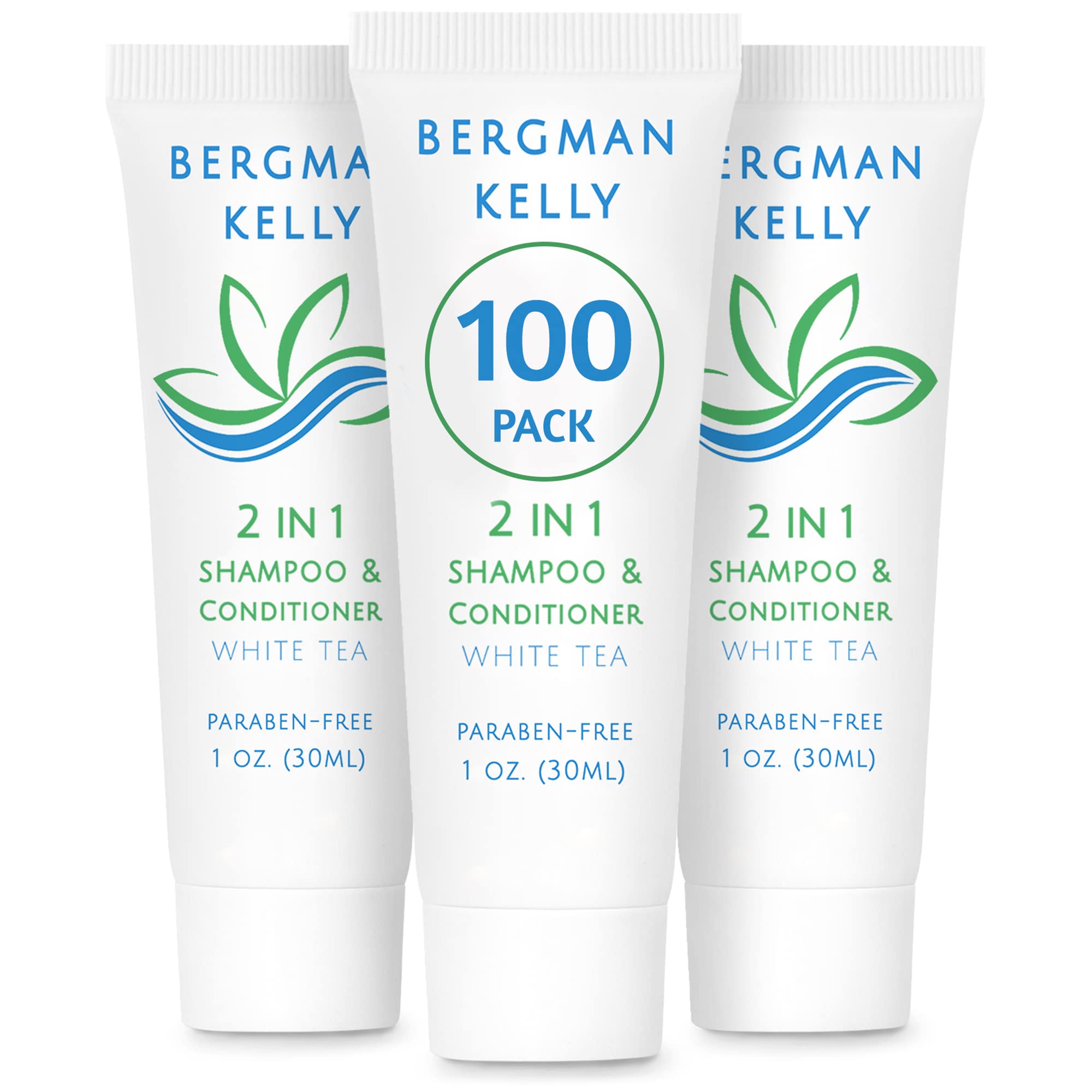 Bergman Kelly - 2 in 1 Travel Size Shampoo & Conditioner (1 fl oz, 100 Pack) - White Tea Scent - Bulk Hotel Toiletries for Guests | Revitalizing & Refreshing Hair Care | Perfect for Hotels, Spas, Gyms & Travel Amenities