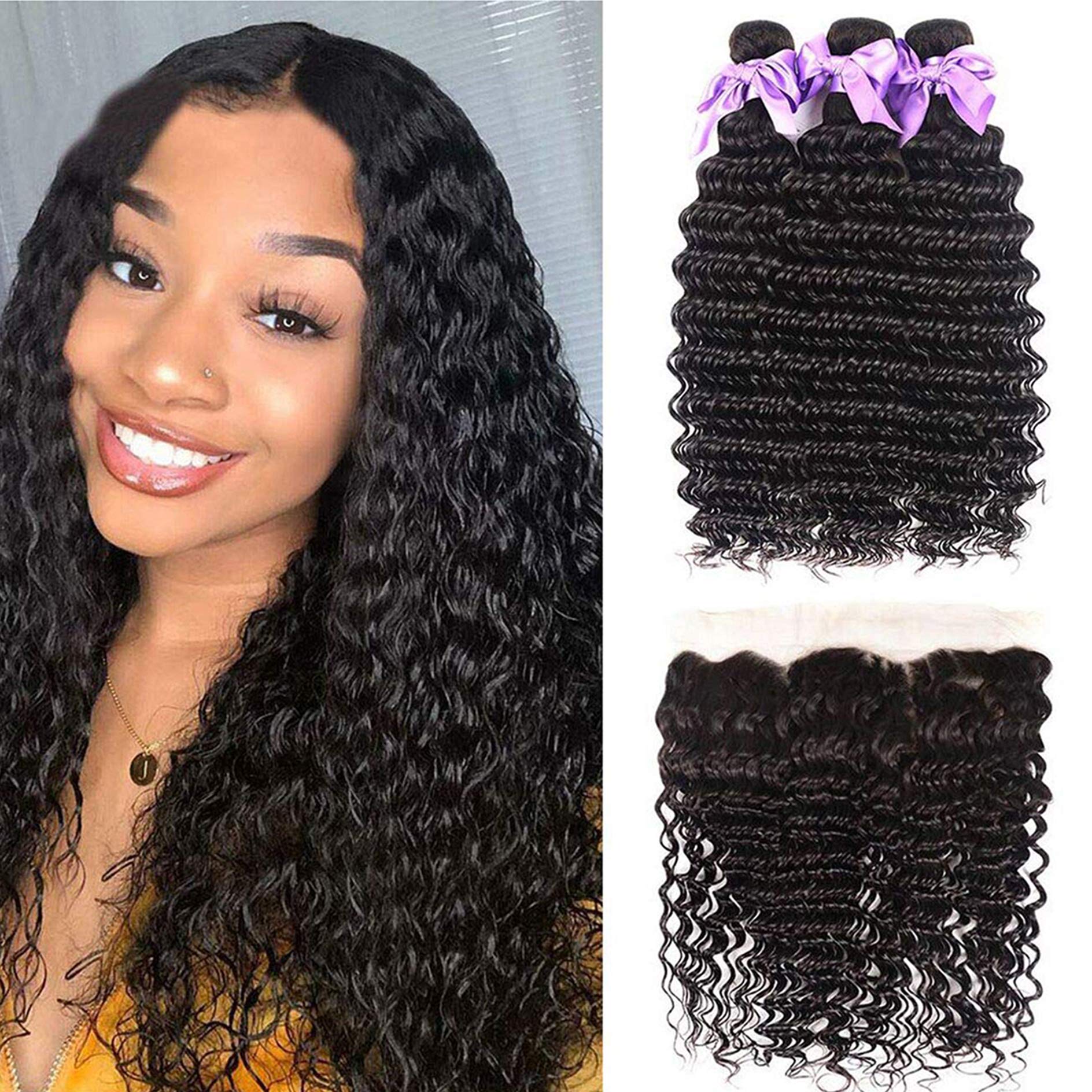 Brazilian 8A Deep Wave Unprocessed Virgin Hair Bundles with Frontal - 10