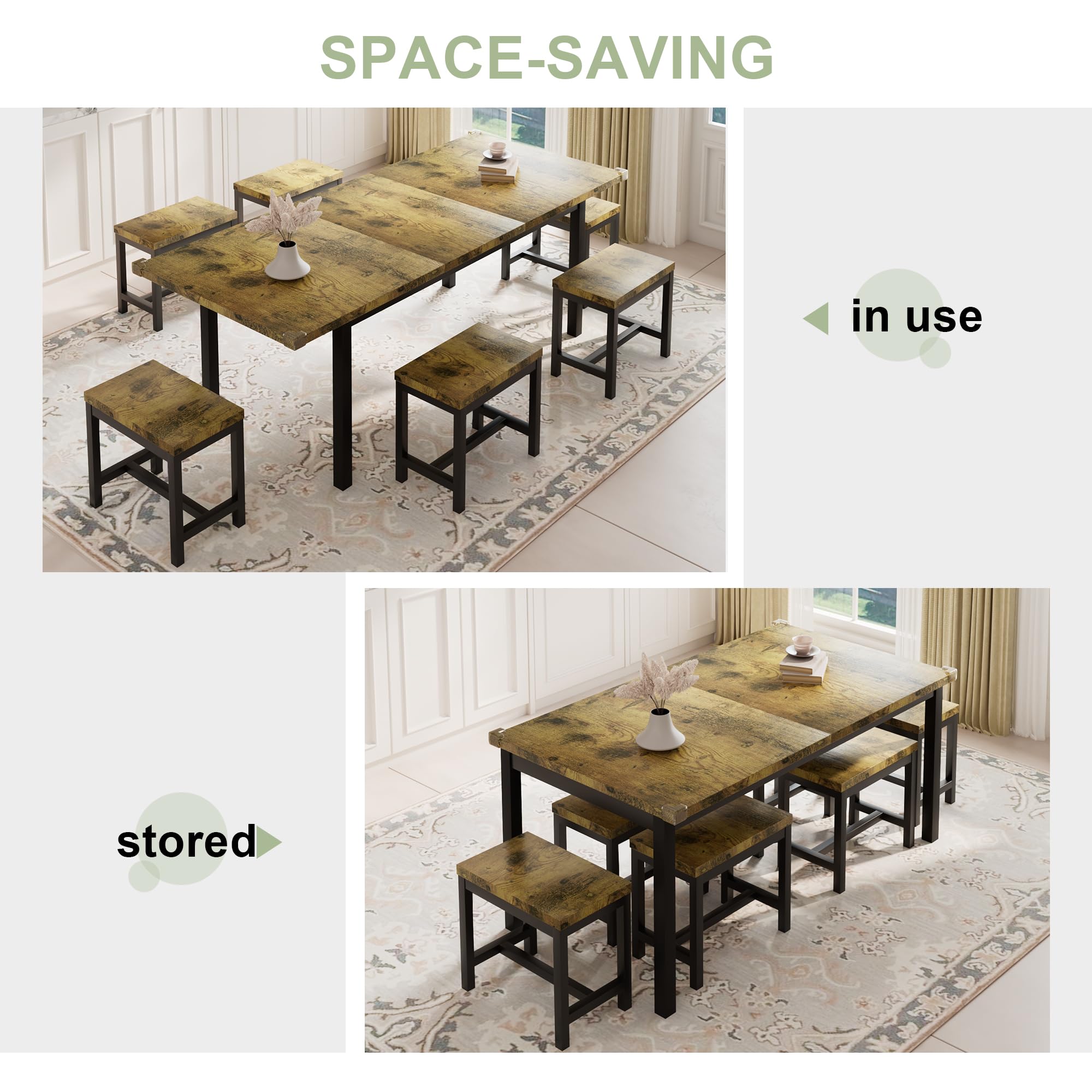 Feonase 7-Piece Extendable Dining Table Set with 6 Stools - 63