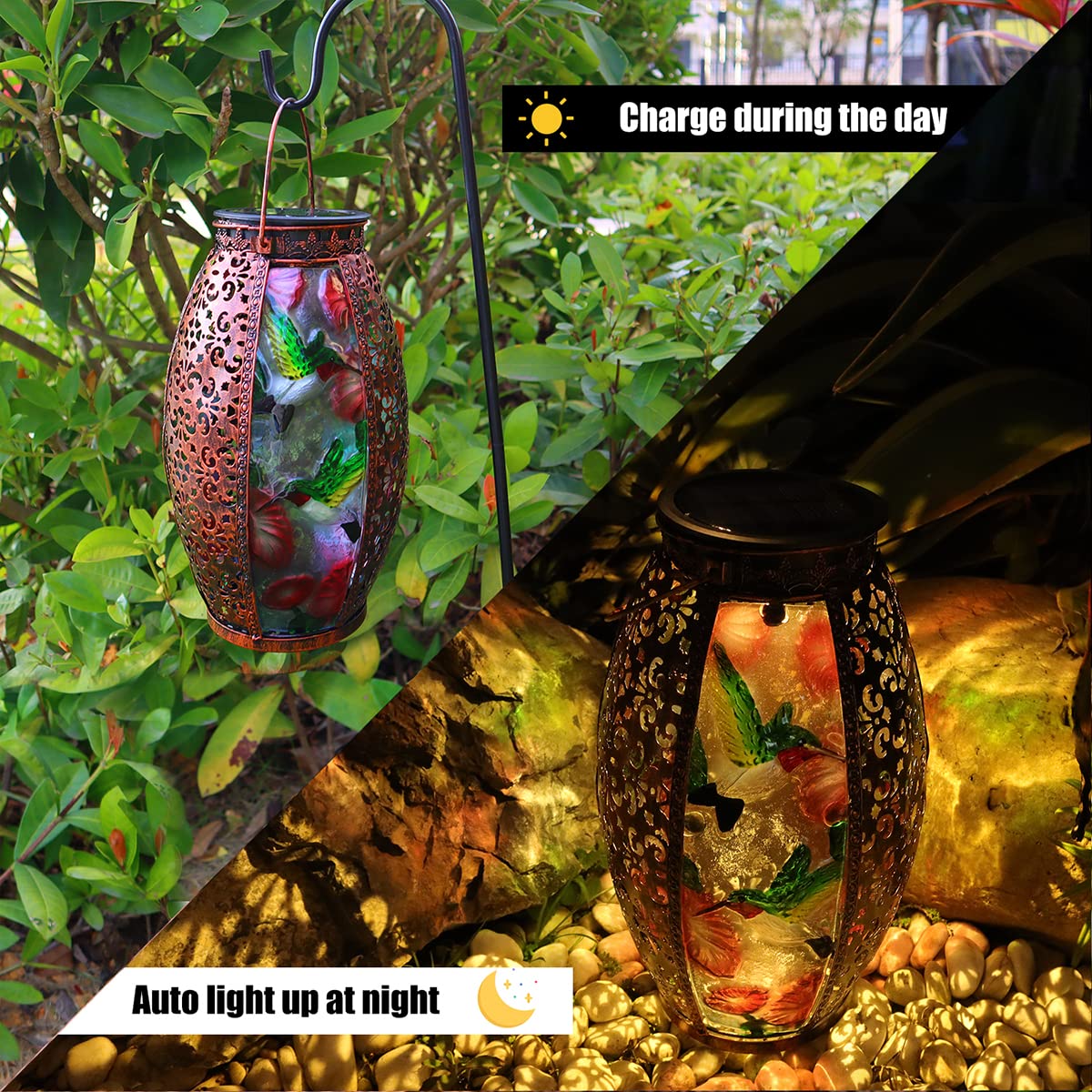 Solar Powered LED Hummingbird Glass Lantern - Waterproof Outdoor Decorative Lighting with Hollowed-Out Design for Garden, Patio, Pathway, Yard, Tabletop & Indoor Use | Perfect for Holiday Decor, Wedding Centerpieces & Romantic Ambiance