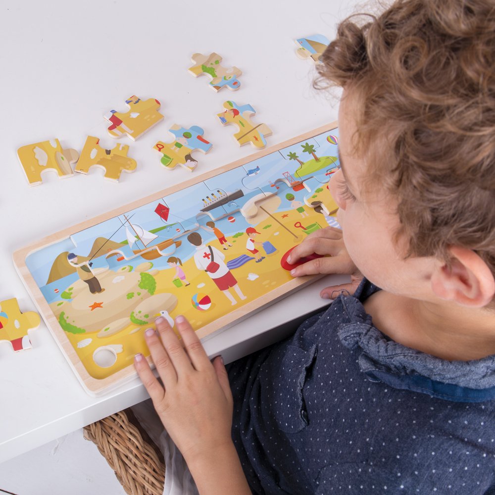Bigjigs Toys at The Seaside - Wooden Tray Puzzle for Kids Ages 3-5 | Beach Theme Educational Toy | Perfect for Preschool Learning & Summer Travel Activities