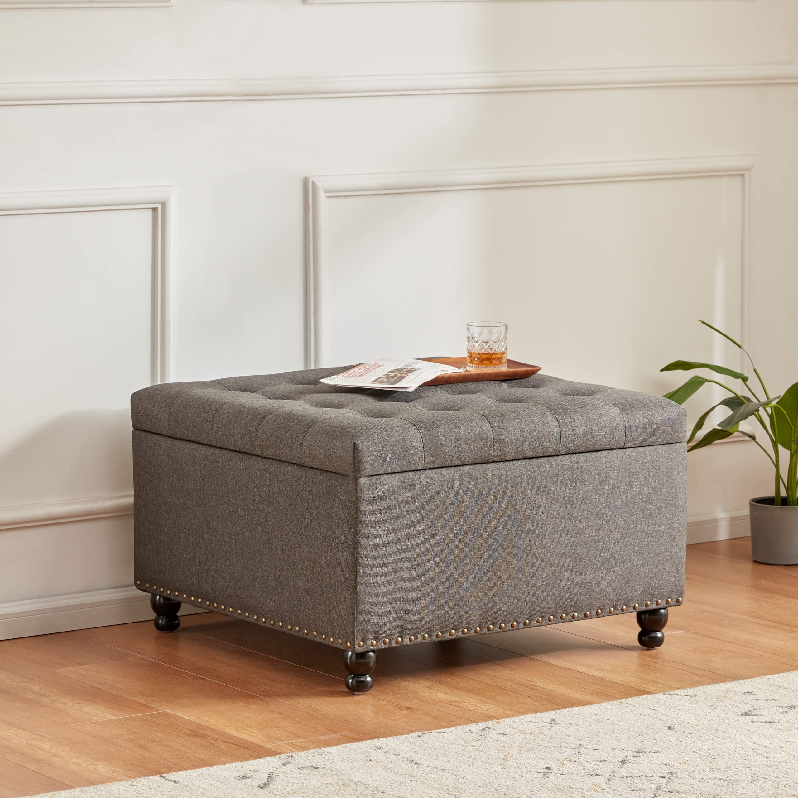 Tbfit Large Square Storage Ottoman Bench - Tufted Upholstered Coffee Table with Hidden Storage | Oversized Toy Box & Footrest for Living Room, Bedroom & Nursery | Dark Grey Ottoman for Home Organization & Extra Seating
