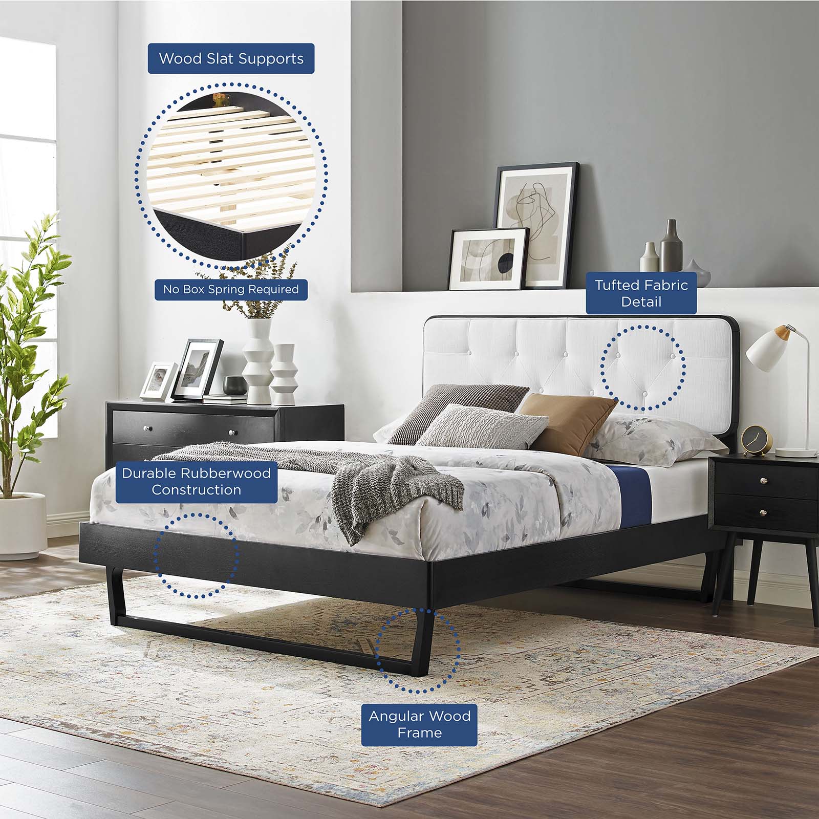 Bridgette Wood Platform Bed with Angular Frame - Modern Solid Wood Bed Frame for Bedroom, Living Room & Guest Room