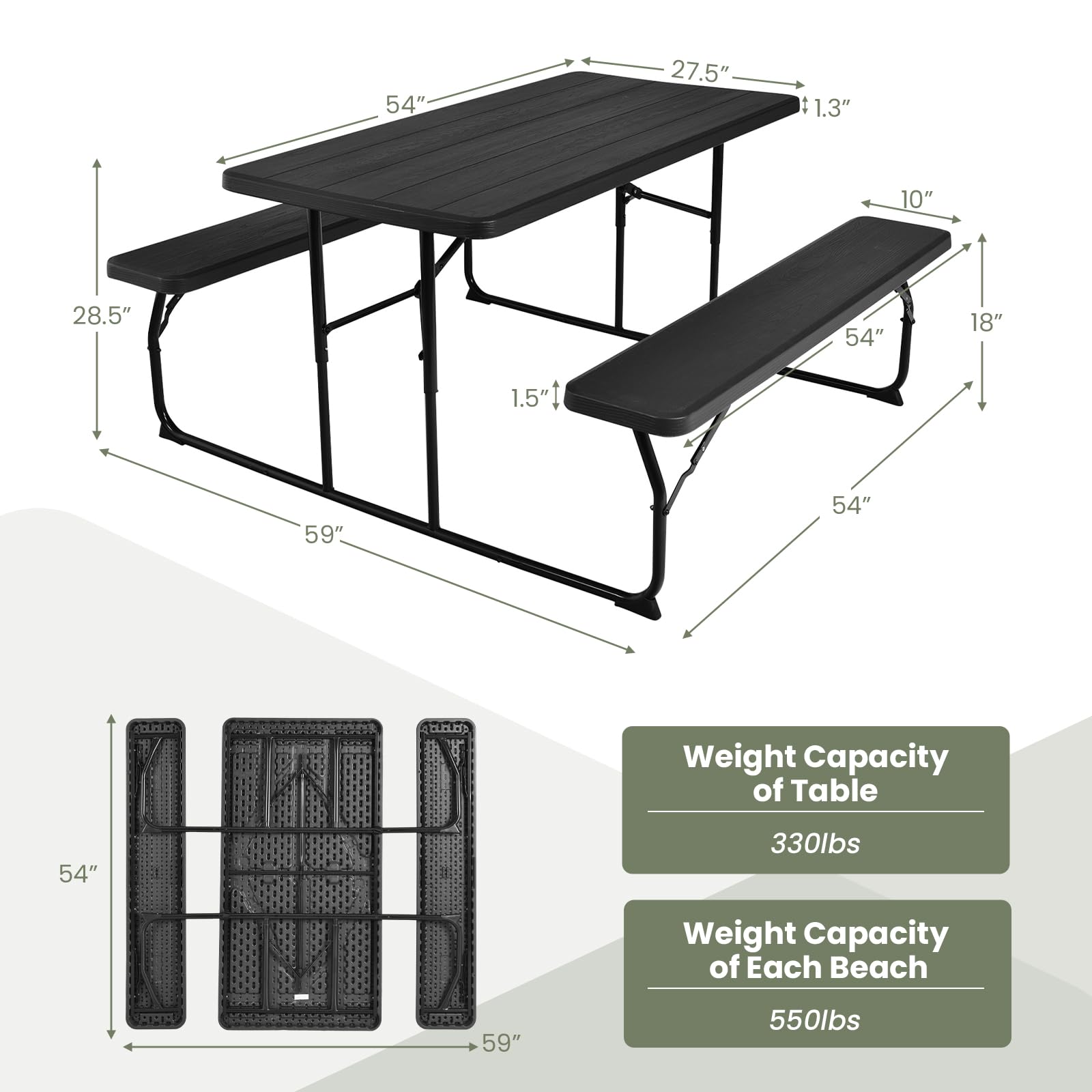 Tangkula Folding Picnic Table with 2 Benches - Portable Outdoor Metal Camping Table Set with Durable Wood-Like Plastic Tabletop & Sturdy Steel Frame - Foldable for Picnics, Parties, BBQs, Camping, Backyard & Beach (Black)