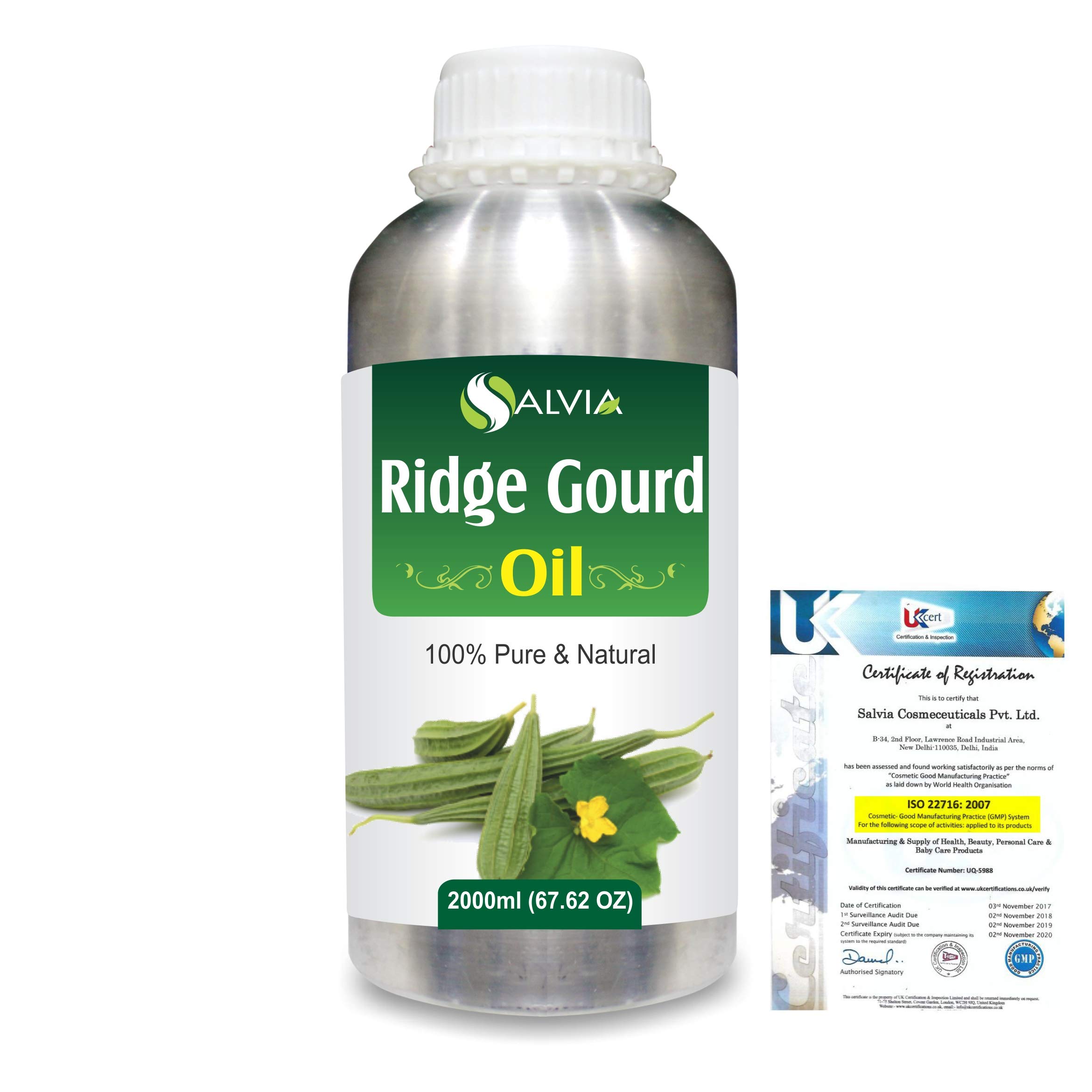 100% Pure & Natural Ridge Gourd (Lufa Acutangula) Carrier Oil - Cold Pressed, Undiluted, Uncut - 2L Bottle for Skin Care, Hair Growth & Aromatherapy