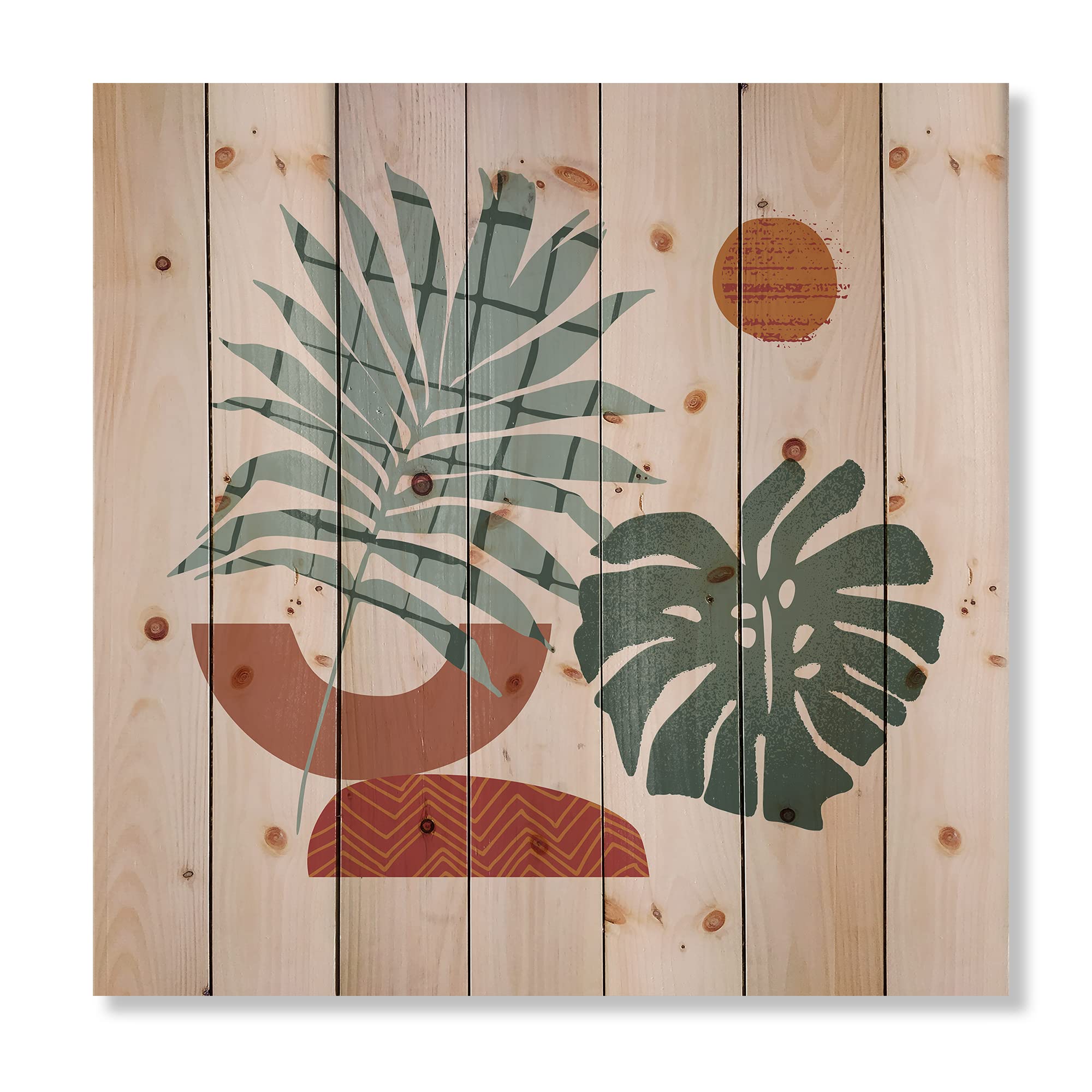 Retro Green & Terracotta Moon & Sun Wood Wall Art - Modern Abstract Pine Wood Wall Decor Panels - Large Contemporary Home Decor for Living Room, Bedroom & Office