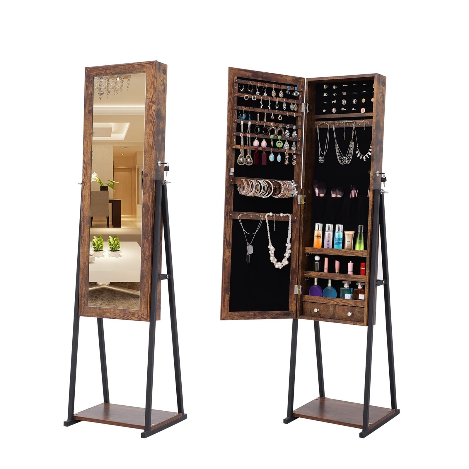 LED Jewelry Storage Mirror Cabinet with Lights - Large Capacity Anti-Gray MDF Coating PVC Organizer for Bedroom & Living Room - Perfect for Displaying Necklaces, Rings & Cosmetics
