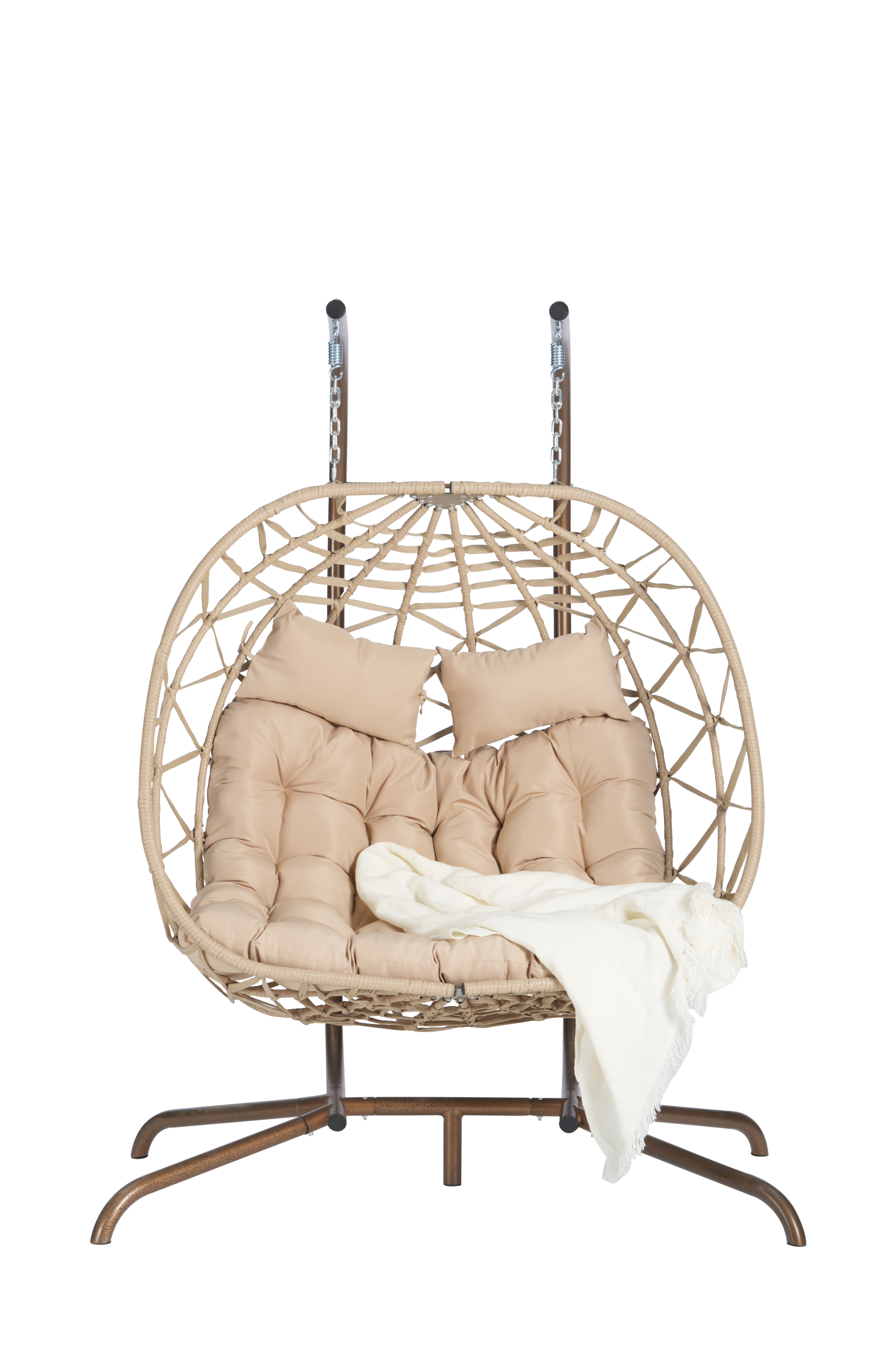 Double Egg Chair with Stand - Indoor/Outdoor Wicker Rattan Hanging Swing Chair with UV-Resistant Cushions (600 lbs Capacity) - Perfect for Bedroom, Balcony, Patio, Garden & Backyard Relaxation