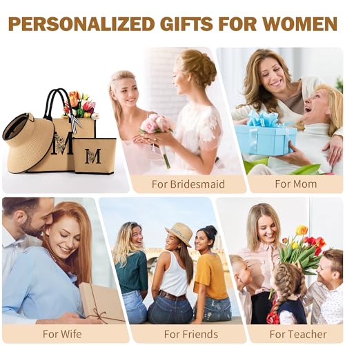 Personalized Monogram Canvas Beach Tote Bag with Matching Makeup Pouch & Sun Hat - Women's Summer Travel Essentials, Trendy Teen Girl Gift (Size M) - Perfect for Beach Vacations, Pool Parties & Weekend Getaways