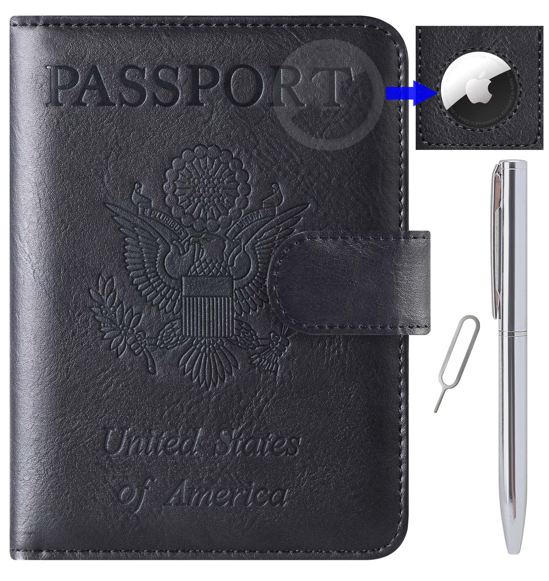 **Leather RFID Blocking Passport Holder Wallet - Airtag Compatible Travel Essentials for Men & Women | Secure & Stylish Cover for Vacation, Luggage & Business Trips (Black)**