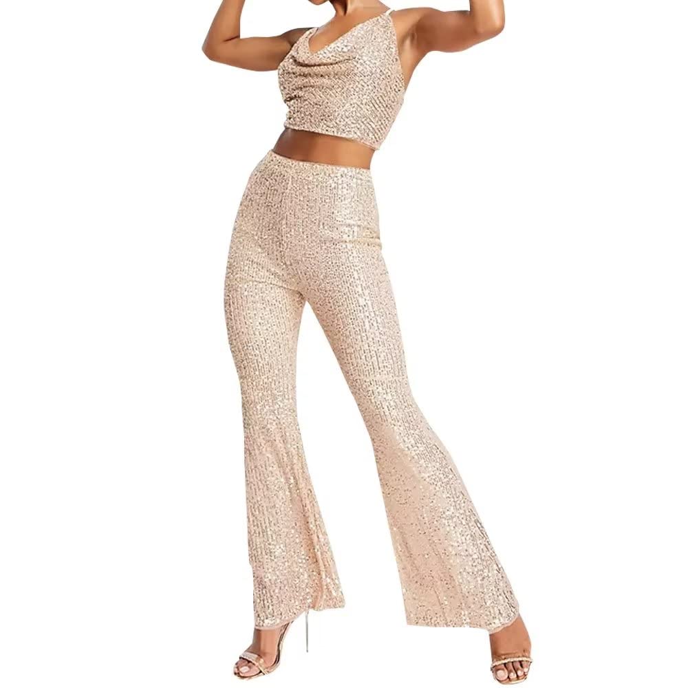 Women's Sequin Flare Pants - High Waist Glitter Wide Leg Bell Bottom Yoga Pants for Casual Wear, Party & Night Out