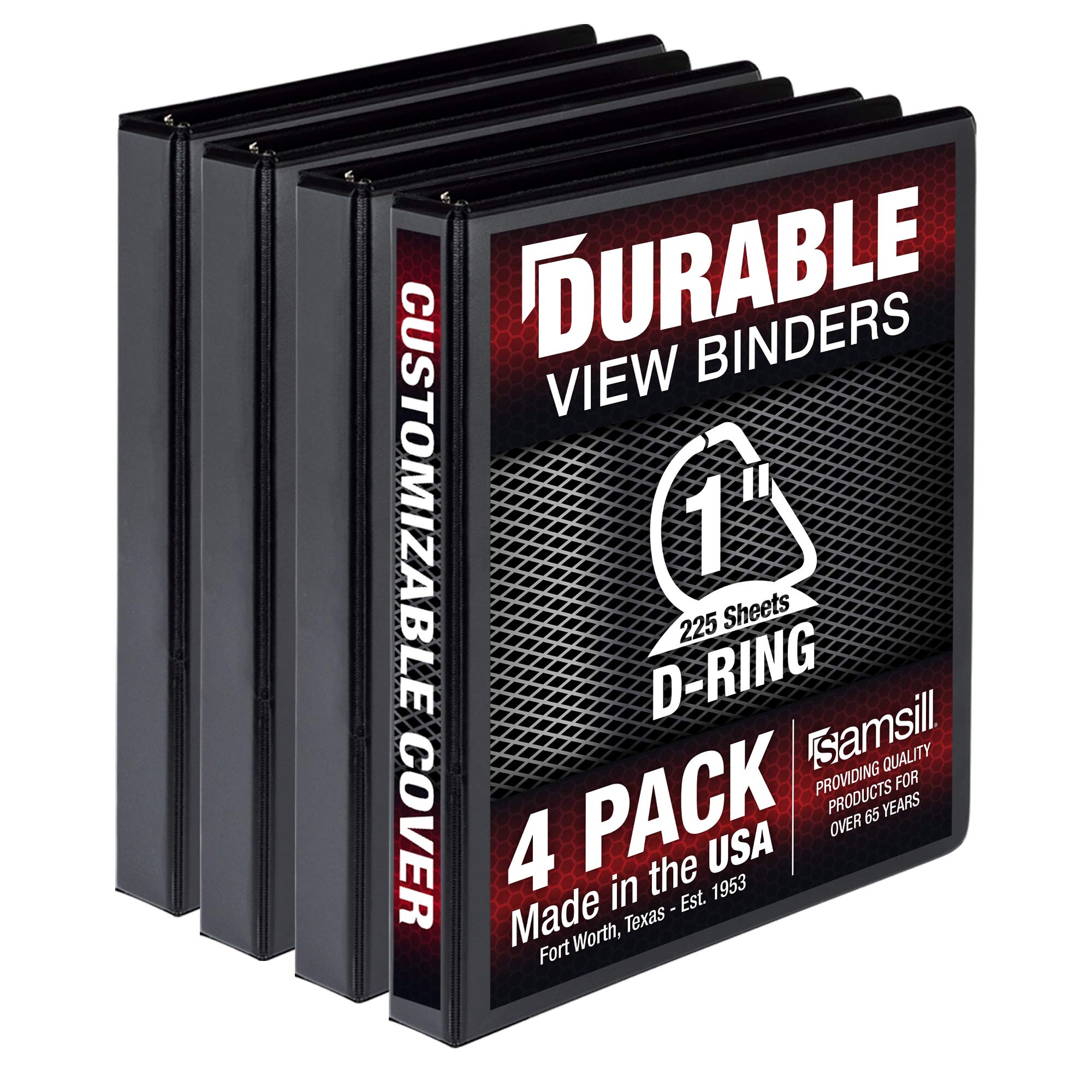 Samsill 1 Inch Durable D-Ring Binder with Clear View Cover - 4 Pack, Black, Holds 225 Pages Each - Made in USA - Perfect for School, Office & Document Organization