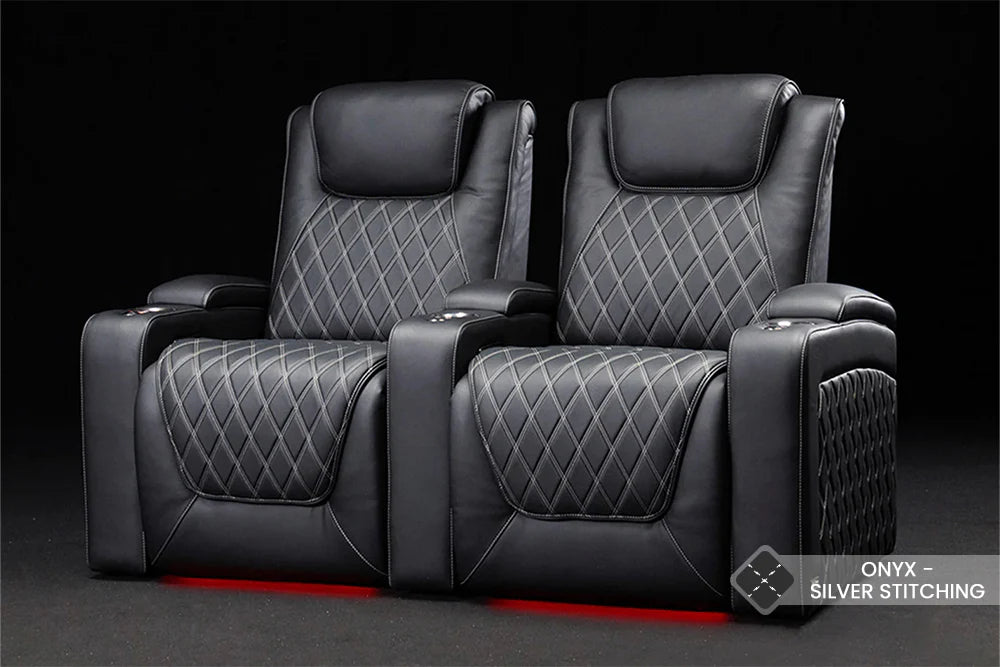 Valencia 2025 Oslo Ultimate Luxury Leather Home Theater Seating - 5-Seat Row Loveseat Left Facing in Onyx Black with Silver Stitching | Perfect for Home Cinemas, Media Rooms & Luxury Home Theaters
