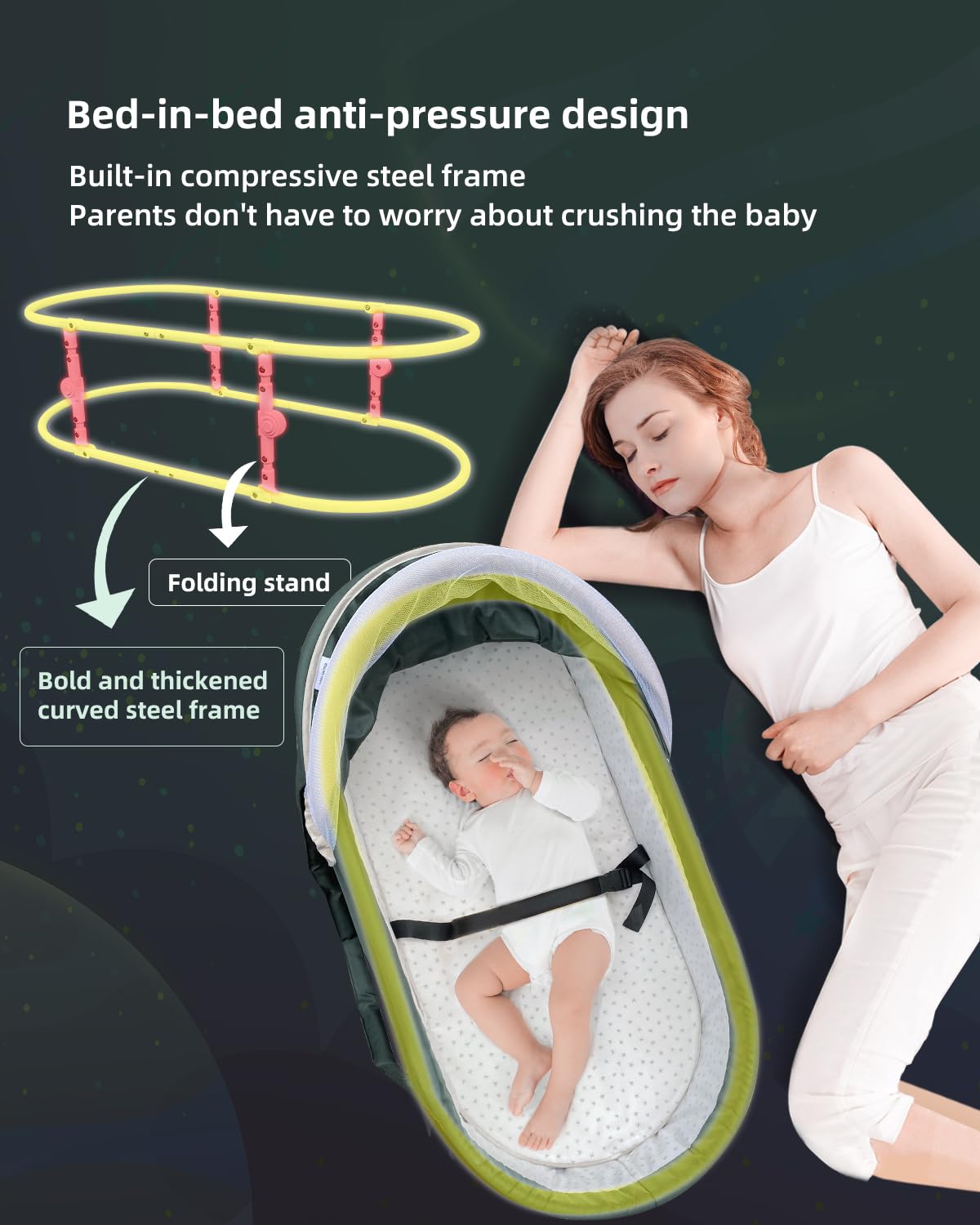 Portable Baby Bassinet for Travel - 2-in-1 Canopy Mini Crib & Co-Sleeper Bed for Newborns & Infants | Lightweight, Foldable & Safe | Perfect for Home, Nursery, Camping & Airplane Travel (Green)