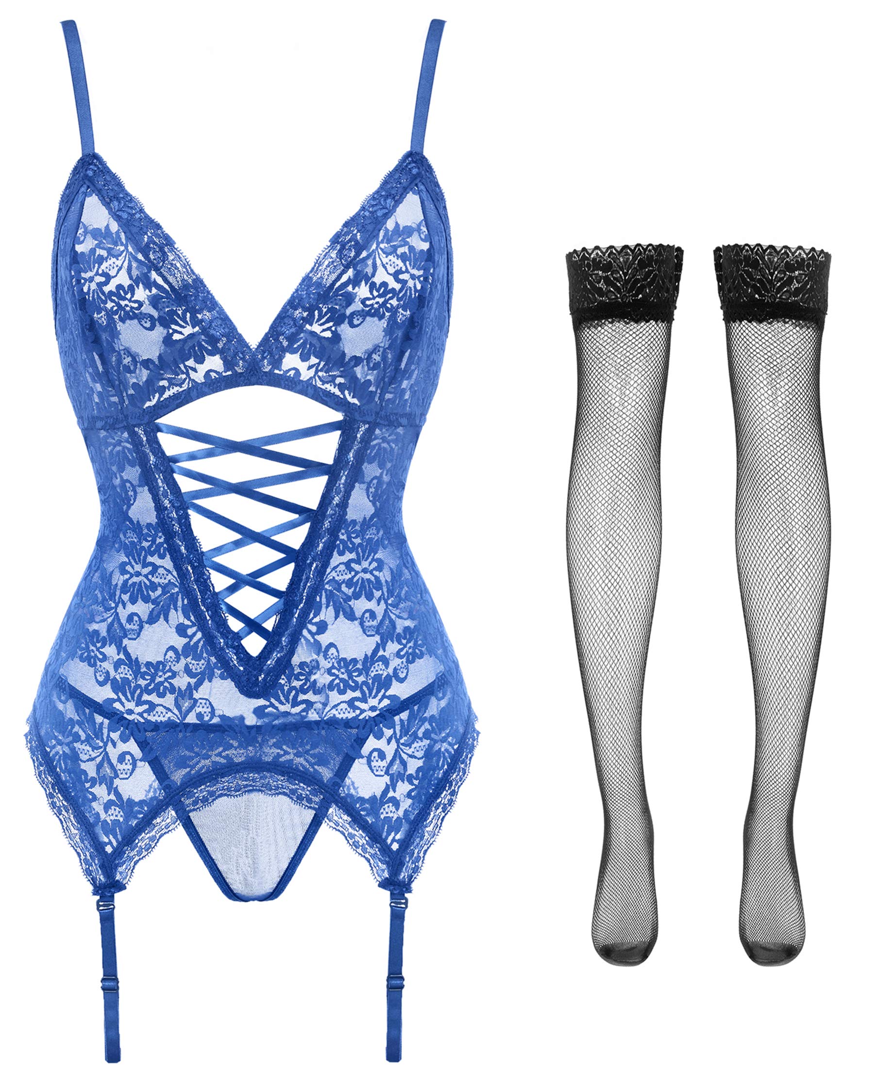 Anyou Women's Lingerie Set - Stretchy Lace Teddy with Stockings, Plus Size S-XXXXL | Sexy Underwear for Date Night, Bridal Shower & Special Occasions