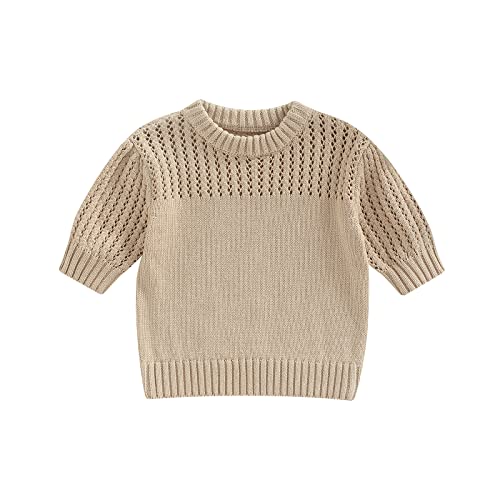 Baby Girl & Boy Knit Sweater - Newborn Crewneck Hollow Out Short Puff Sleeve Pullover Blouse Tops - Soft Cotton Toddler Clothes for Infants 0-24 Months - Perfect for Photo Shoots, Family Gatherings & Daily Wear