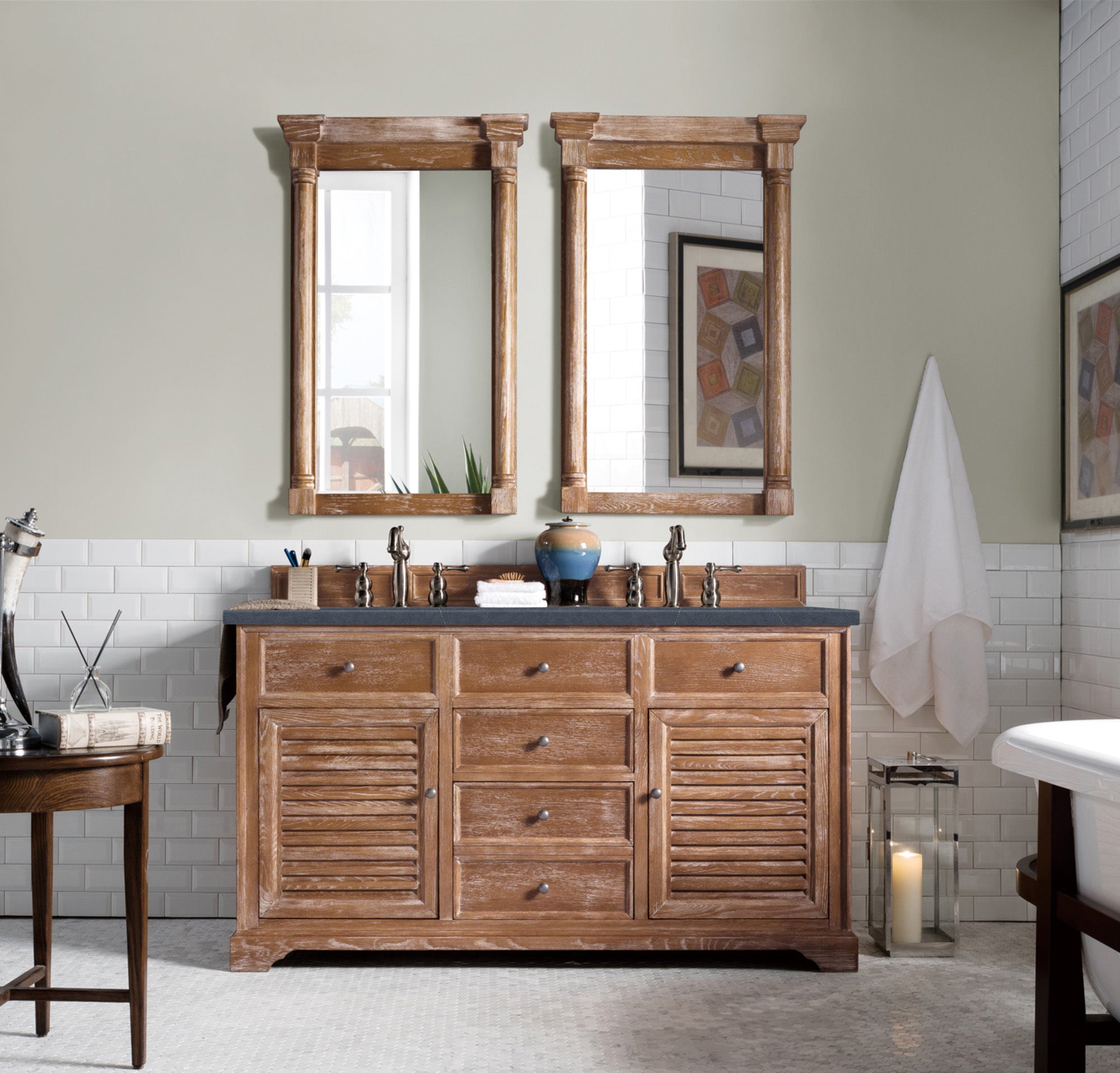 Savannah 60 Inch Double Vanity Bathroom Cabinet in Driftwood Finish with 3CM Charcoal Soapstone Quartz Countertop - Perfect for Master Bathroom, Guest Bath, or Luxury Home Renovation
