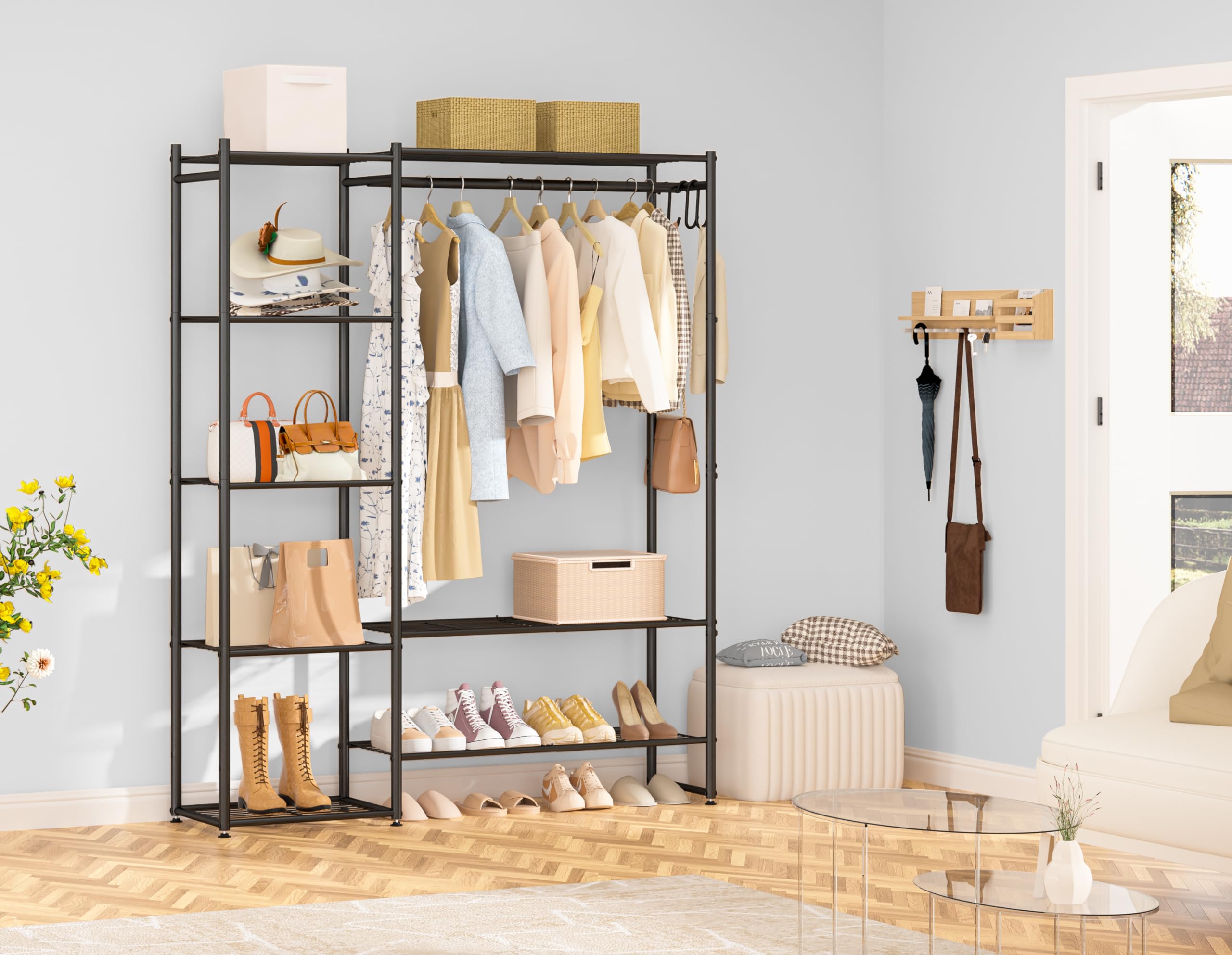 Portable Wardrobe Closet with 4-Tier Shelves - Free Standing Clothing Rack & Storage Organizer for Hanging Clothes - Perfect for Bedroom, Cloakroom, Dorm or Small Space Organization (Black)
