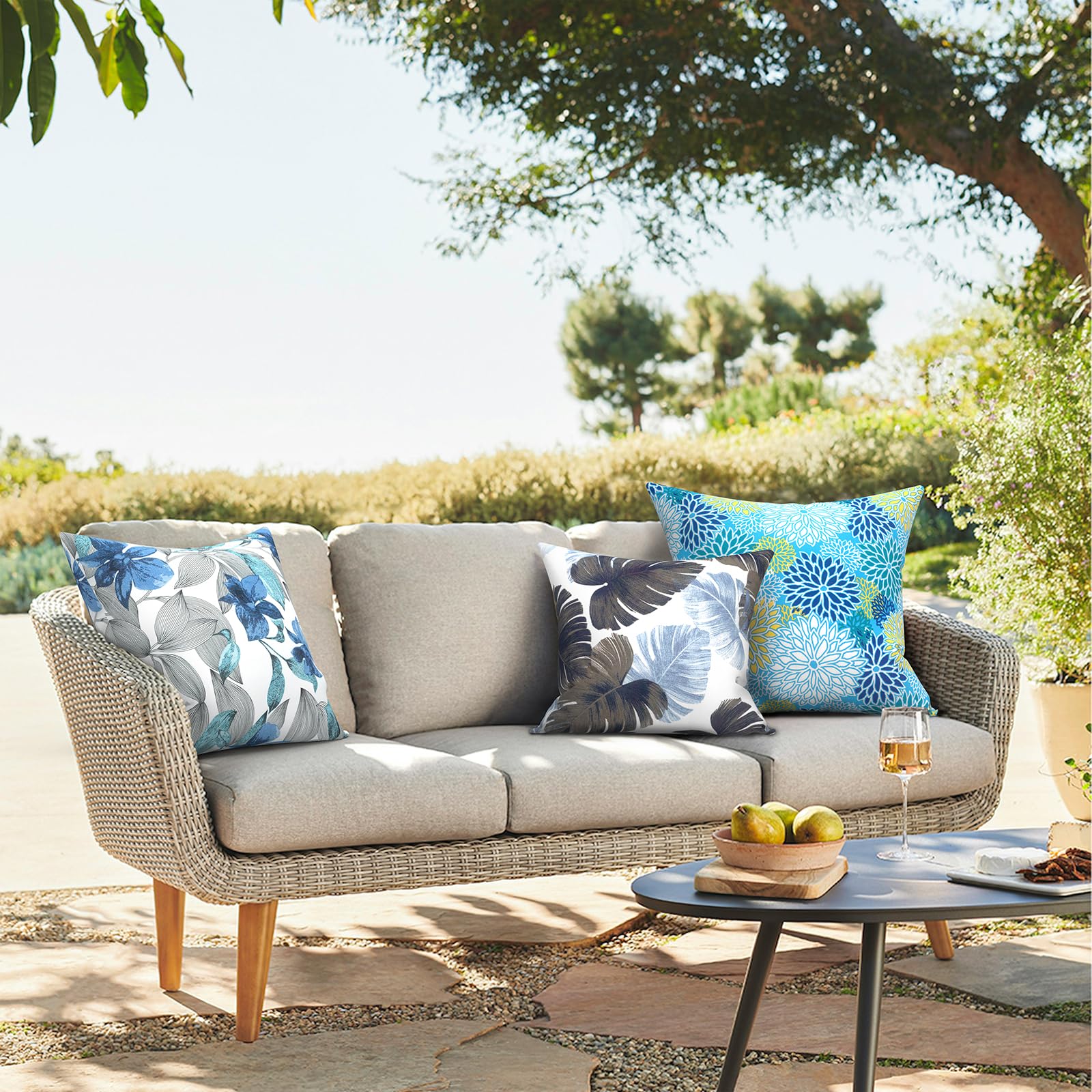 16x16 Inch Waterproof Outdoor Throw Pillows Set of 2 - Monstera Blue Patio Cushions for Garden Furniture, Deck & Porch Decor | All-Weather Home Accessories for Poolside Lounging & Backyard Relaxation