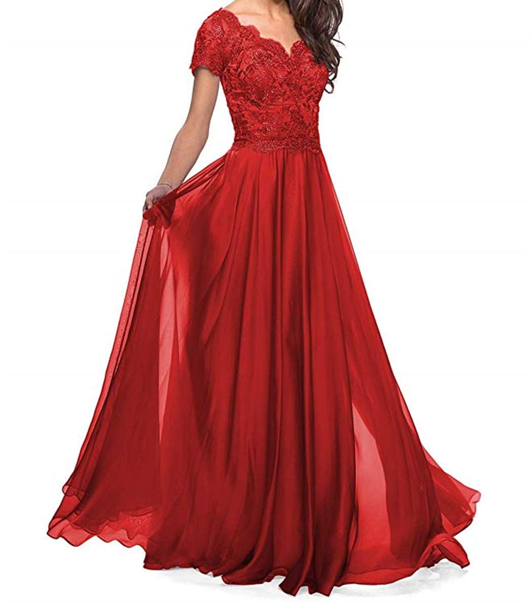 Elegant Lace Appliques Mother of The Bride Dress - Long Chiffon A-Line Short Sleeves Wedding Party Gown for Women | Perfect for Formal Weddings, Evening Galas & Special Occasions