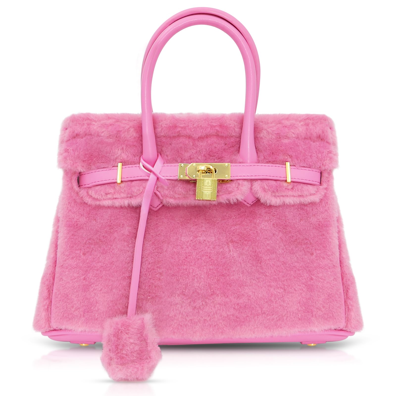 Women's Furry Pink Tote Bag - Large Capacity Crossbody Shoulder Bag with Lambswool Patchwork Leather - Perfect for Work, Travel & Daily Matching (12