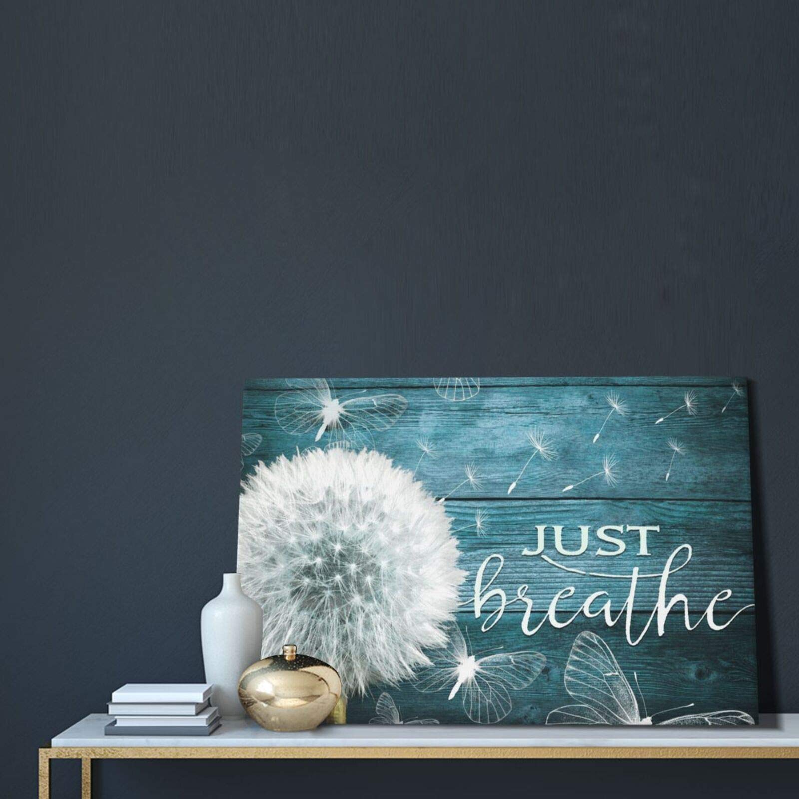 BOLDROLE Just Breathe Teal Dandelion Canvas Wall Art - 16x24 Inch Framed Ready to Hang Floral Print for Living Room, Bathroom, Bedroom & Office Decor - Perfect for Home, Spa or Meditation Space