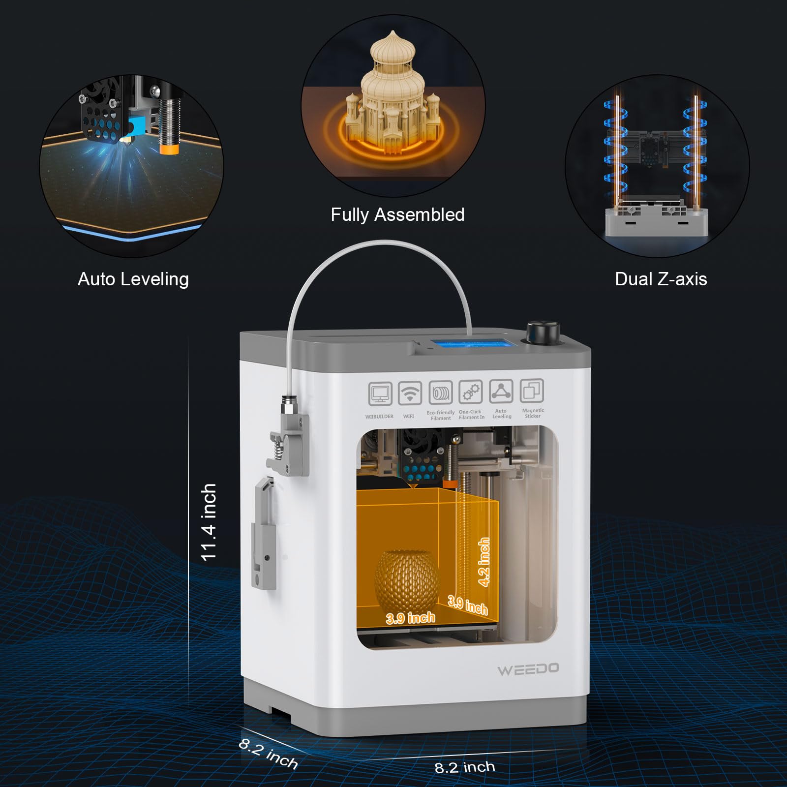 WEEDO Mini 3D Printer for Kids & Beginners - WiFi Printing, Auto Leveling, Fully Assembled Small 3D Printer with Open Source Firmware (PLA/PLA+/TPU Compatible) - Perfect for Home Education, STEM Projects & Creative DIY Printing