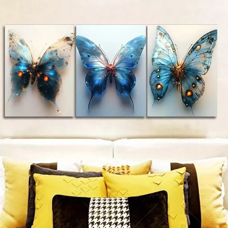 3-Piece Blue Mechanical Butterfly Wall Art Set - Framed Canvas 40x60cm - High Quality Print - 100% Australian Made - Ready to Hang - Perfect for Living Room, Bedroom & Office Decor