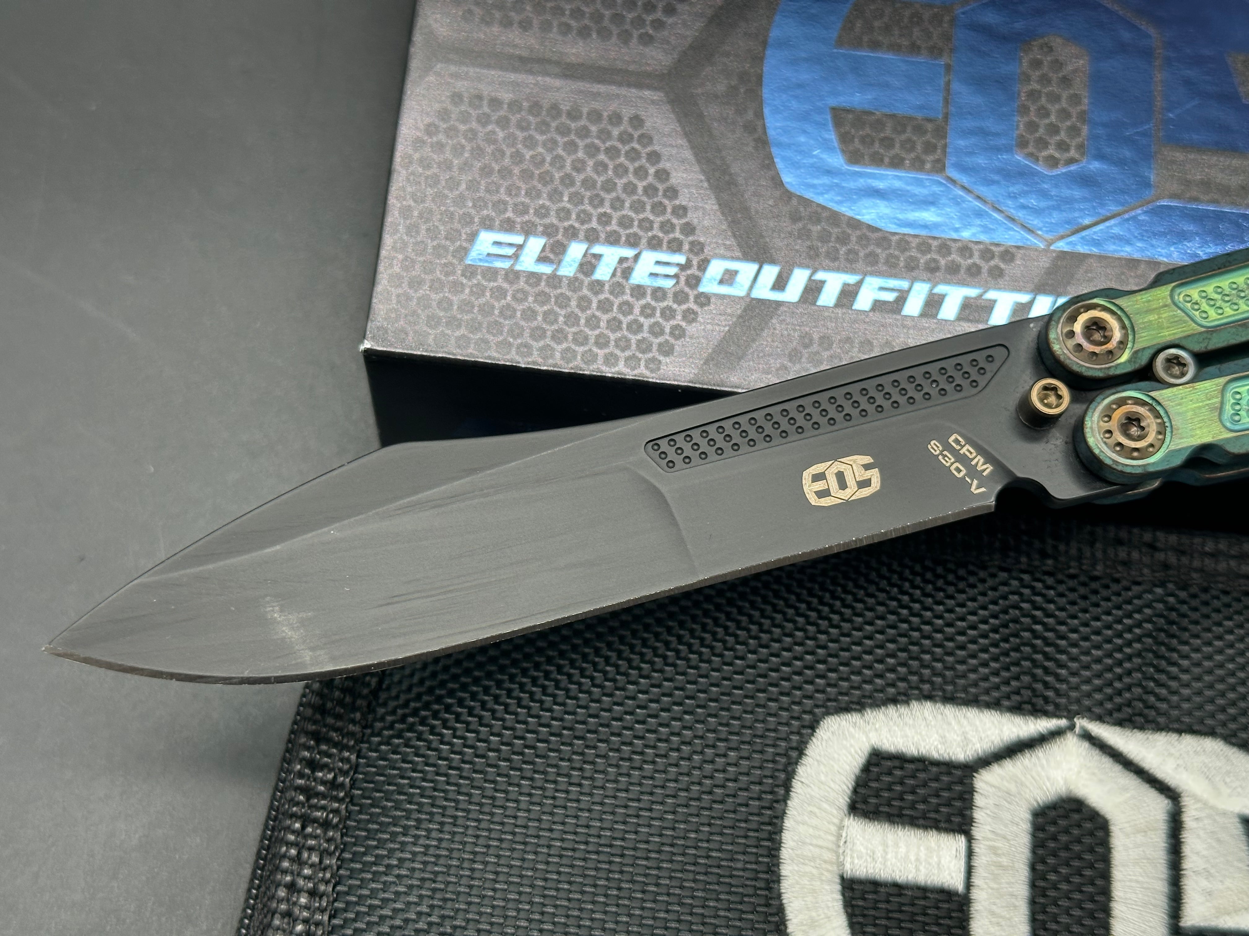EOS Trident Balisong Butterfly Knife - Antique Green Bronze Titanium Handles with Gold Latch & Hardware | Collectible EDC Tool for Flipping Tricks & Outdoor Survival