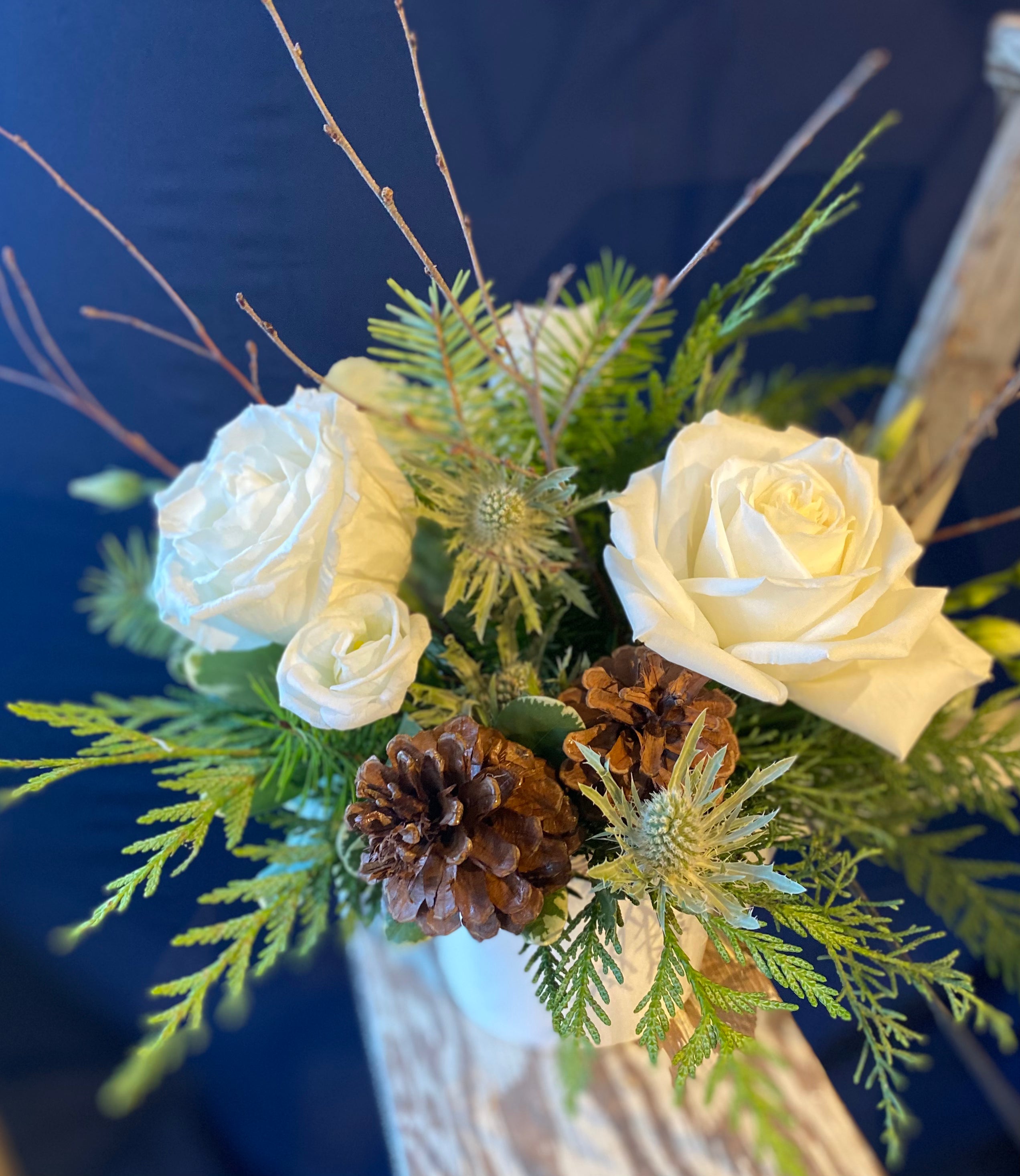 Natural White and Green Ceramic Vase with Pine Cones & Twigs - Medium Size Home Decor for Farmhouse, Rustic & Boho Style Living Rooms