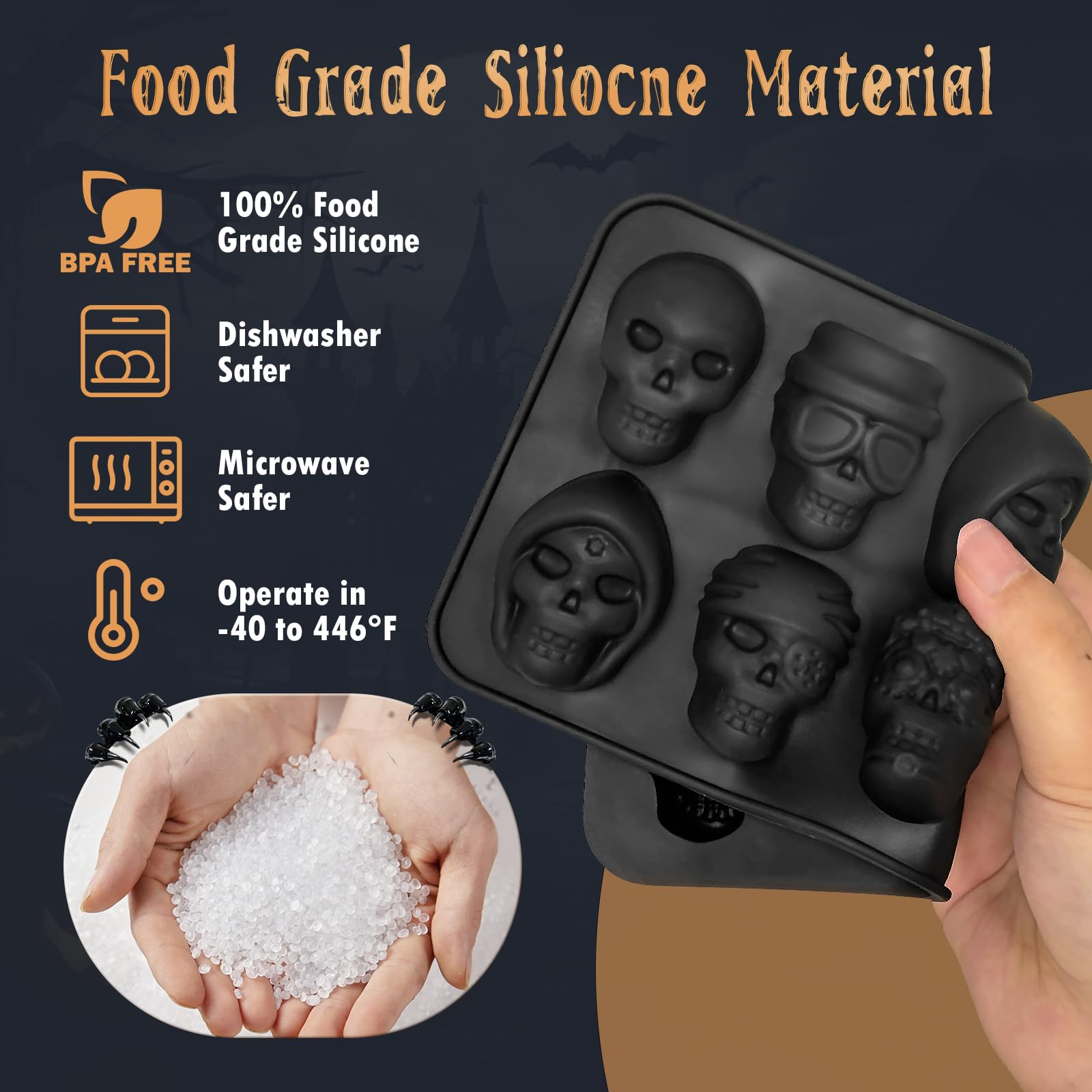 Halloween Skull Silicone Molds 2-Pack - 10 Cavity 3D Chocolate Candy Molds, Wax Melts & Yogurt Trays - 5 Unique Skull Shapes - Food Grade, Oven & Freezer Safe - Perfect for DIY Treats, Halloween Parties & Homemade Candies (Great for Kids Baking & Spooky Dessert Decorations)