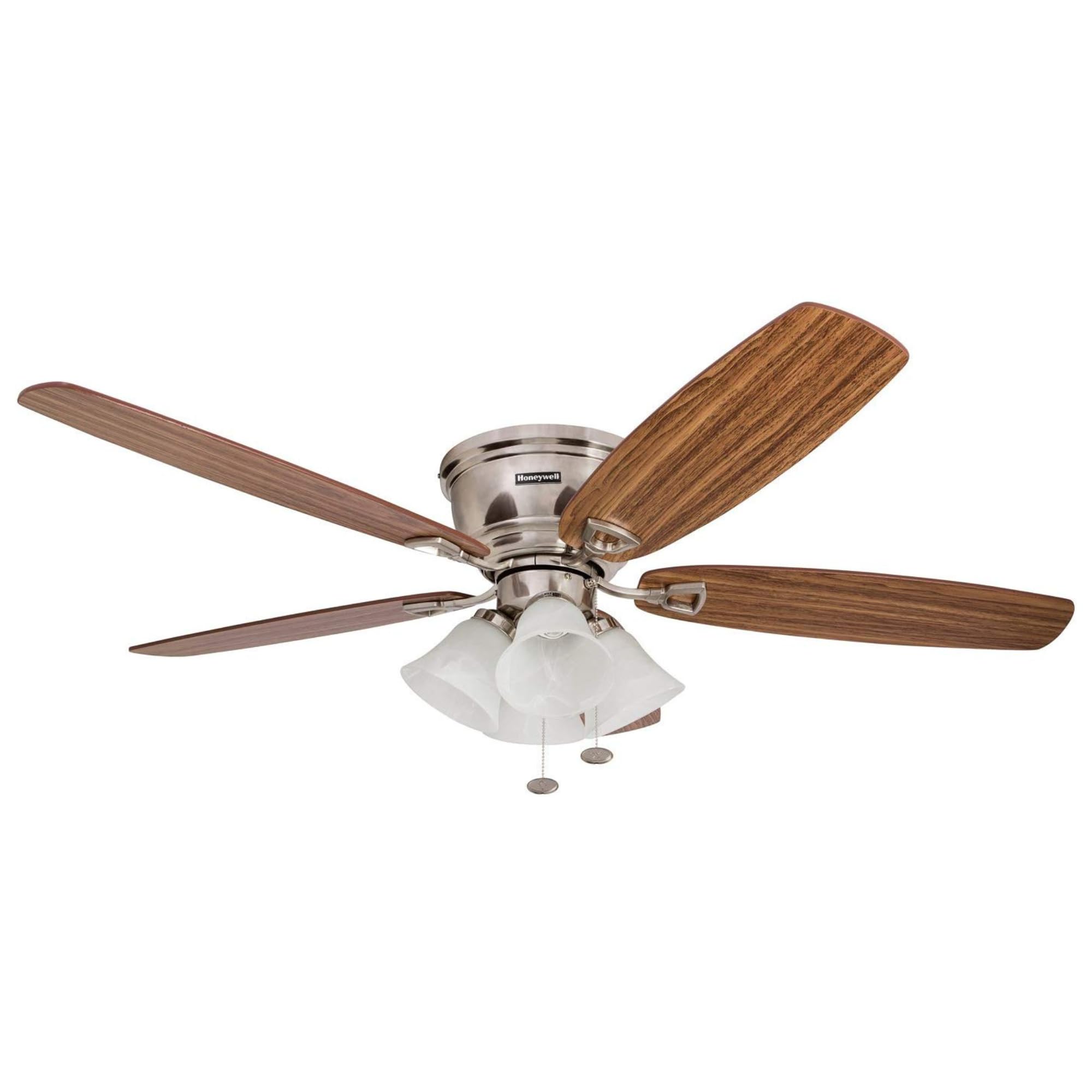 Honeywell 52 Inch Brushed Nickel Ceiling Fan with LED Light - Quick-2-Hang Flush Mount Indoor Fan, Reversible Motor & Dual Finish Blades for Living Room, Bedroom & Office (Model 50182)