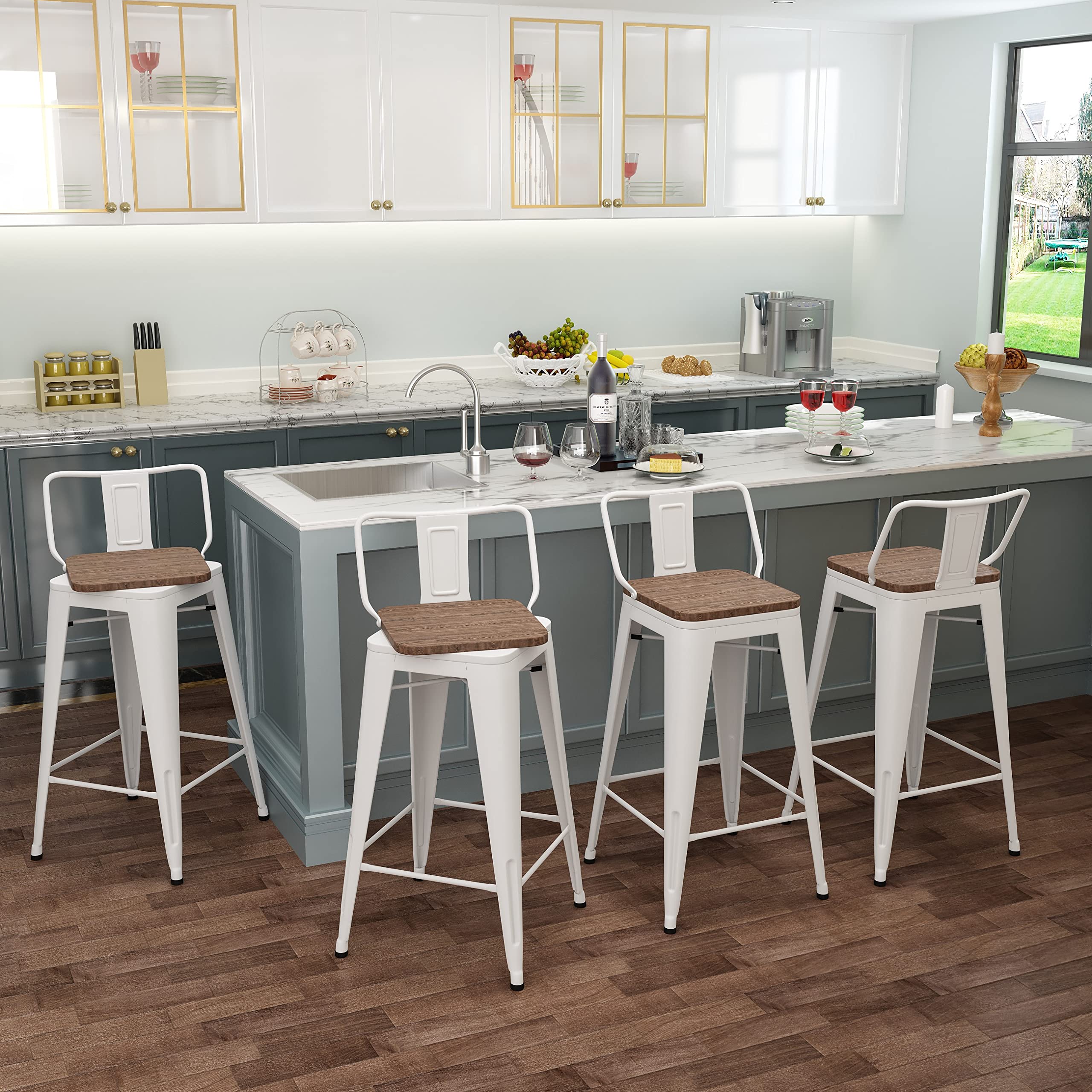 Aklaus 26 Inch Swivel Bar Stools Set of 4 - Metal Counter Height Stools with Backs, Farmhouse Style, White Cream - Perfect for Kitchen Islands, Breakfast Bars & Home Decor