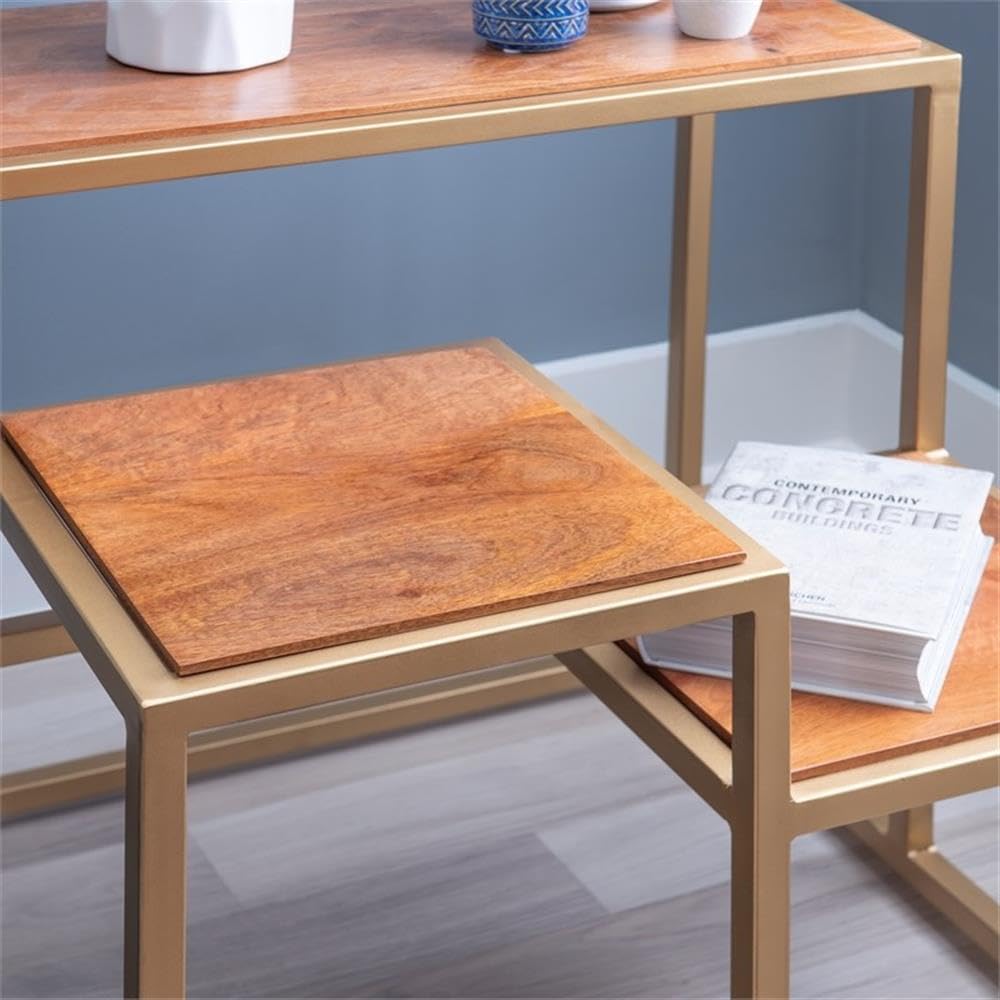 Linon Elijah 3-Tier Wood & Iron Side Table - Gold/Natural Finish | Perfect for Living Room, Bedroom, or Balcony Plant Stand | Multi-Purpose Storage Shelf for Home Decor