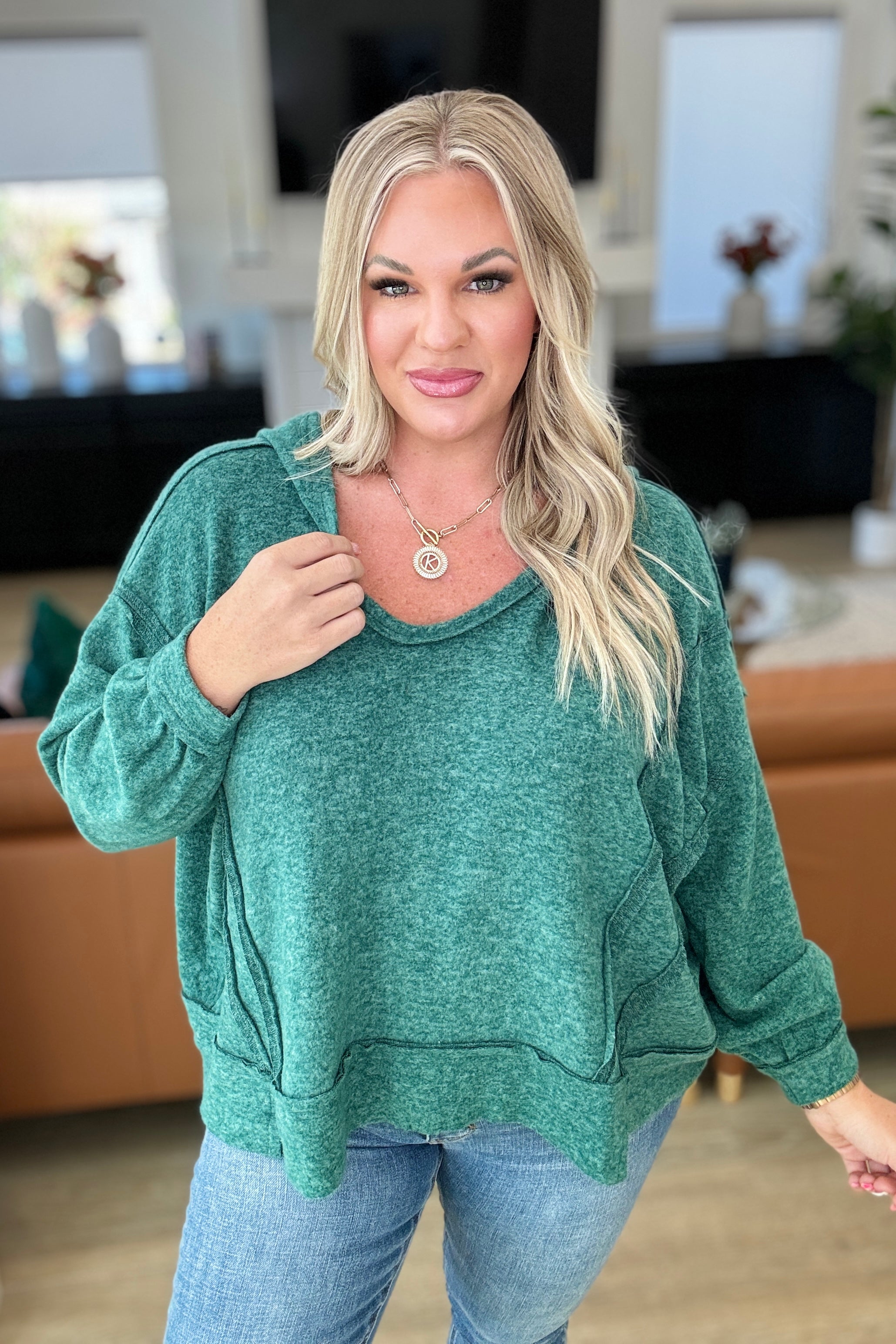 Dark Green Hooded Scoop Neck Pullover Sweatshirt for Women | Casual Comfort Wear for Fall & Winter | Perfect for Lounging, Running Errands & Travel
