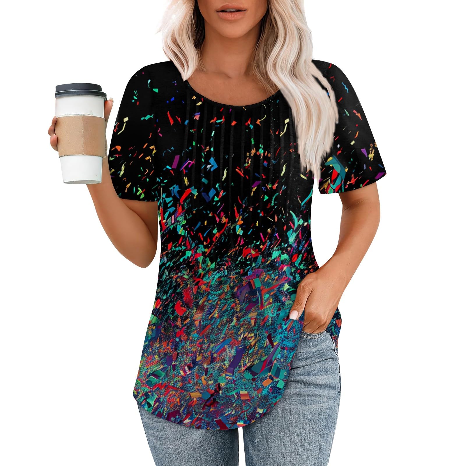 Women's Summer Shirts - Casual Short Sleeve Pleated Scoop Neck Blouse | Perfect for Beach Outings, Office Wear & Summer Parties