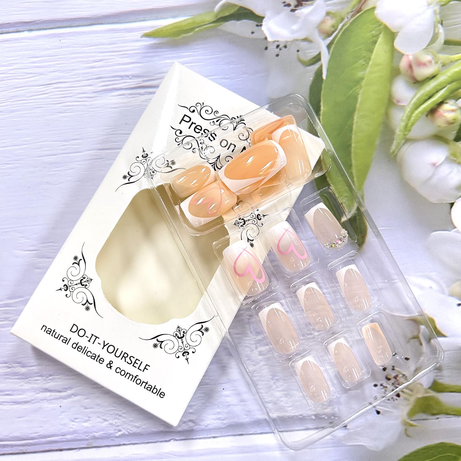 Valentine's Press on Nails - 24Pcs White French Tip Heart Design Medium Square False Nails with Rhinestones | Full Cover Glossy Acrylic Coffin Nails for Women | Perfect for Date Night, Wedding, Anniversary & Romantic Occasions