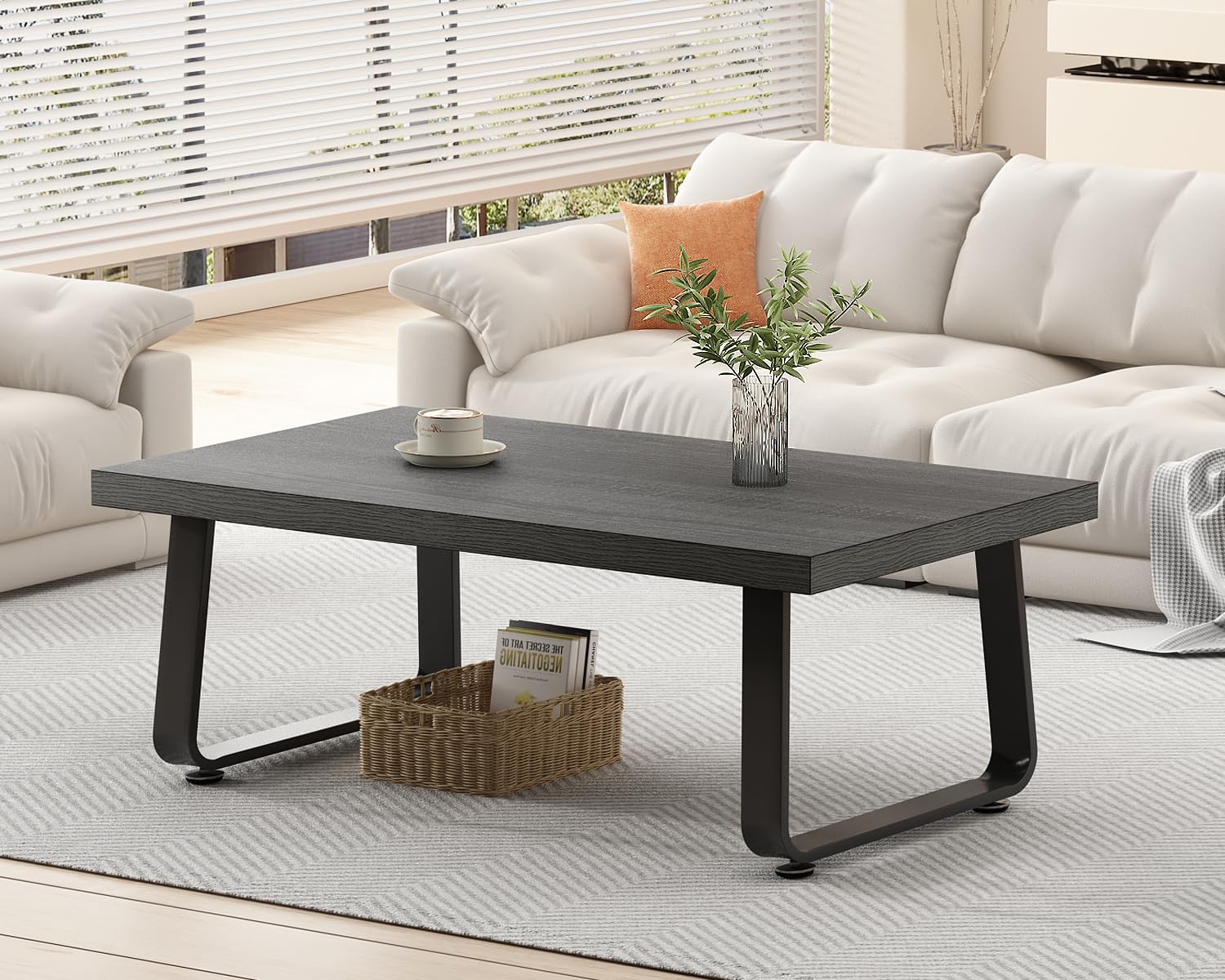 HSH Industrial Wooden Coffee Table - Modern Minimalist Rectangular Center Table with Wood & Metal Legs, Dark Gray Oak, 47 Inch - Perfect for Living Room, Bedroom & Home Office | Cocktail Table, Tea Table, Accent Table for Stylish Home Decor