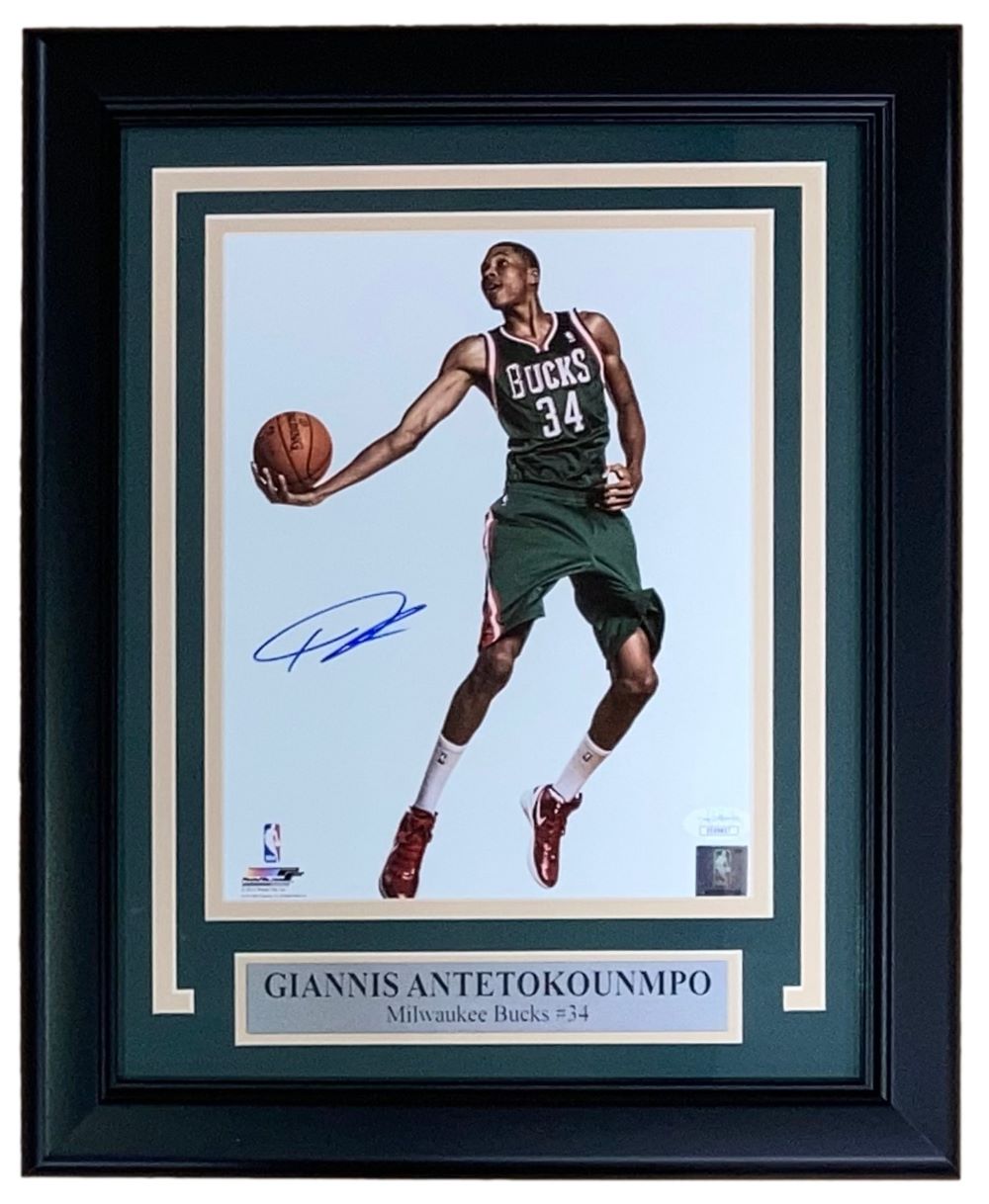 Giannis Antetokounmpo Autographed 8x10 Framed Photo in Milwaukee Bucks Green Jersey with JSA Certificate - Perfect for Sports Memorabilia Collectors, Man Cave Decor, and Bucks Fan Gifts