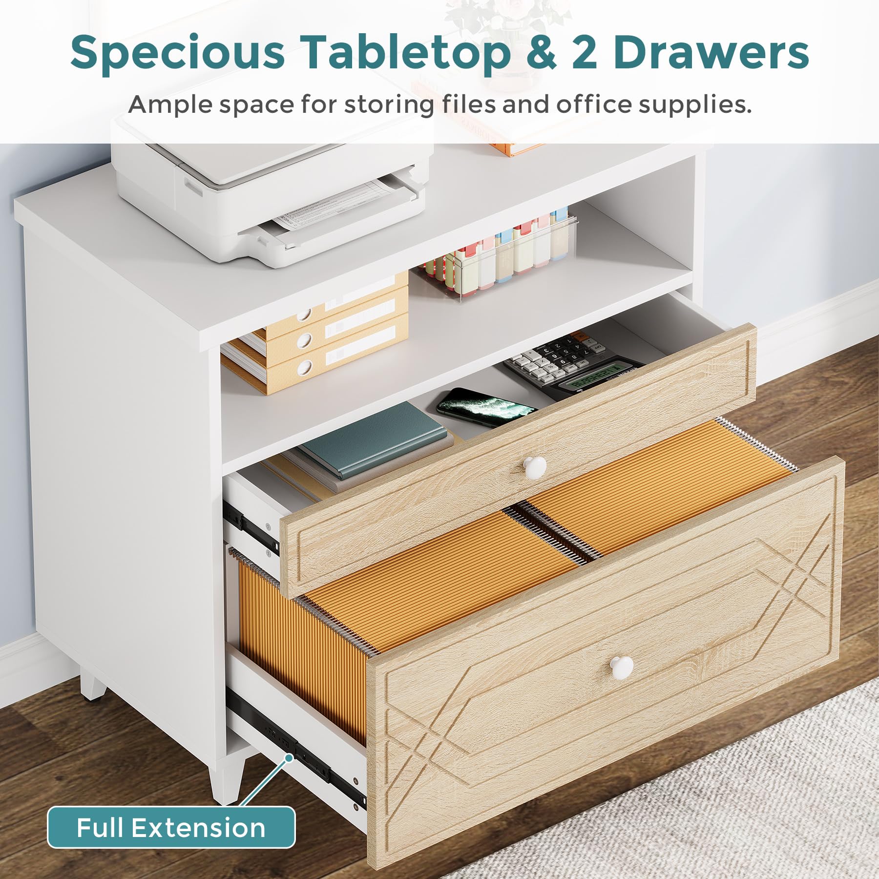 2-Drawer Lateral File Cabinet with Shelf - Modern Industrial Office Storage for A4/Letter/Legal Size Documents - White & Light Brown Home Office Cabinet | Perfect as Printer Stand & Document Organizer for Workspaces