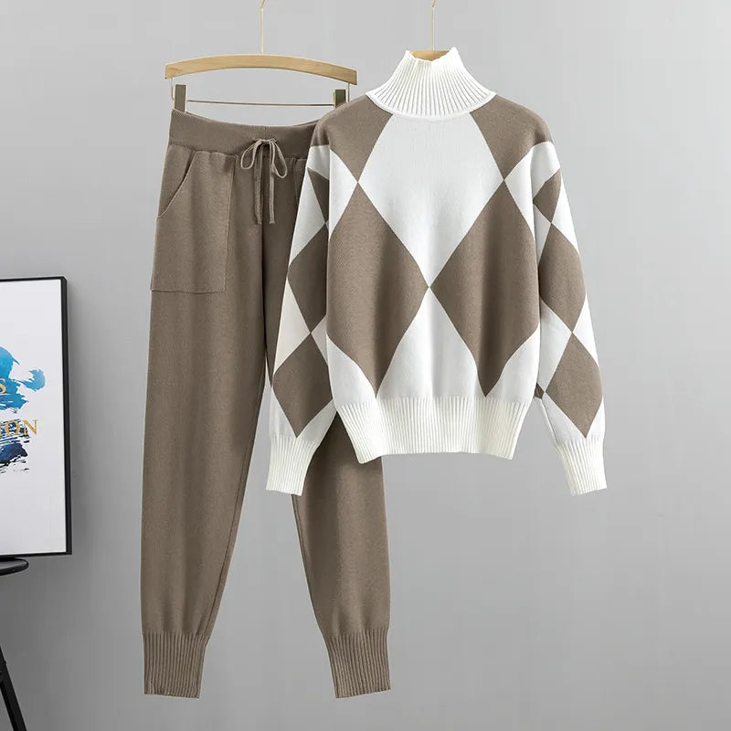 Women's Geometric Knit Sweater & Pants Set - Soft Thick Winter Pullover & Long Pants Casual Outfit (2PC Tracksuit) - Perfect for Autumn Winter Fashion, Lounge Wear & Casual Outings