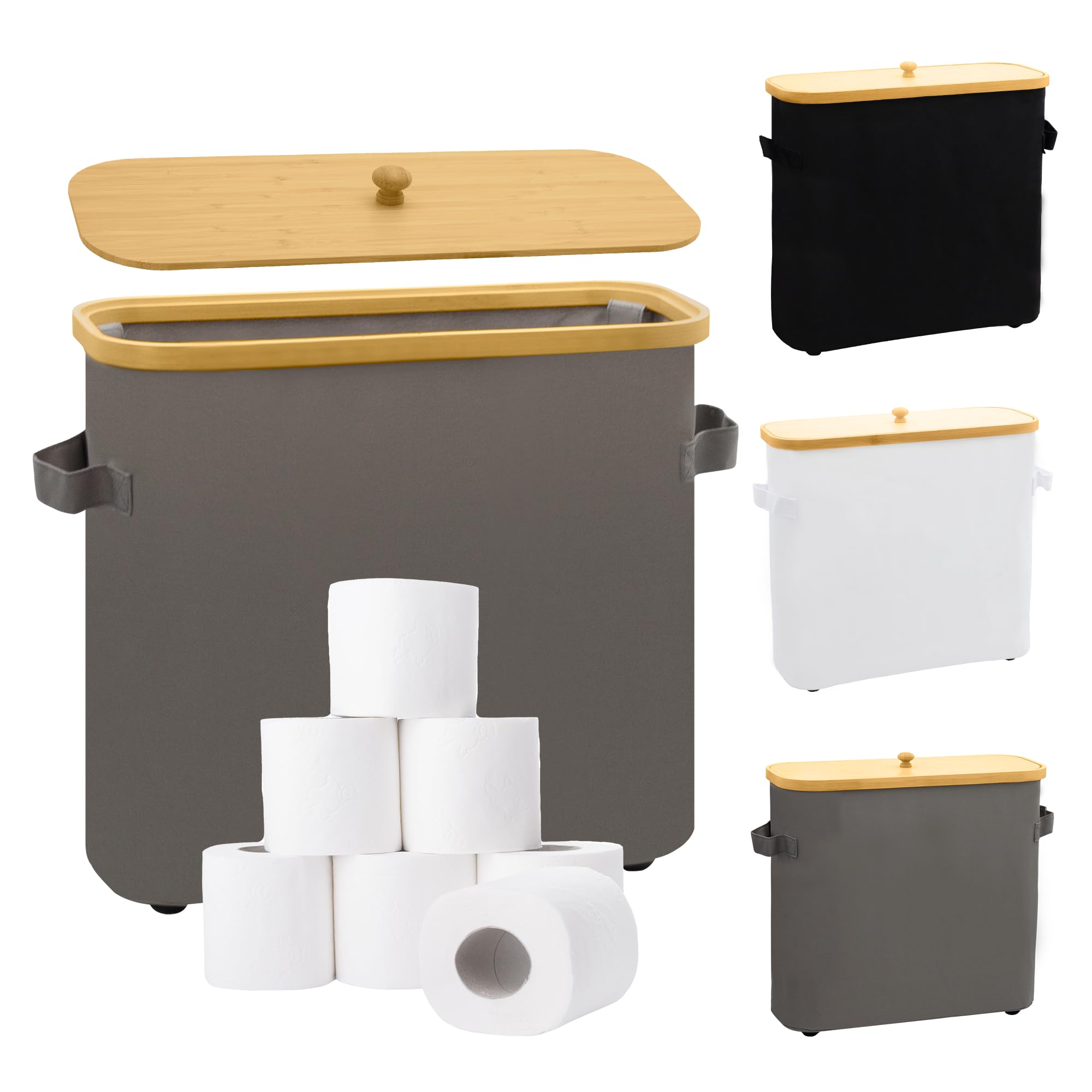MinBoo Bamboo Toilet Paper Storage Basket with Lid - Bathroom Tissue Holder Organizer with Handle, Gray - Perfect for Bathroom, Toilet, Vanity & Home Decor Storage