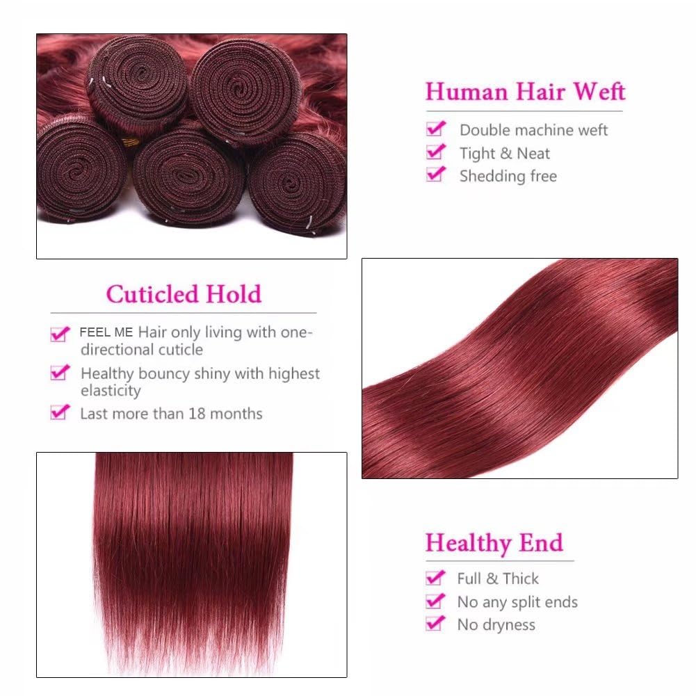 FEEL ME Brazilian Virgin Hair 3 Bundles - Unprocessed Straight Human Hair Extensions (Color 33 Red, 300g Total, 14 16 18 Inches) for Stunning Length & Volume - Perfect for Daily Wear, Parties & Special Occasions