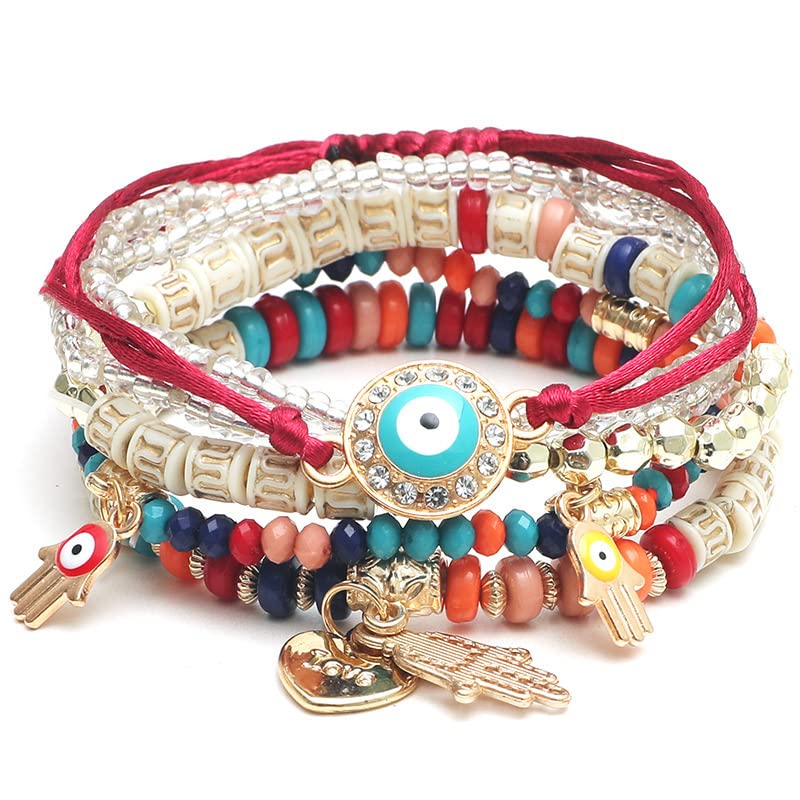 Bohemian Stretch Beads Bracelets for Women & Girls - Adjustable Stackable Boho Hippie Bracelet Set with Colorful Lucky Beads | Perfect for Festival, Beach, Yoga & Everyday Boho Chic Style